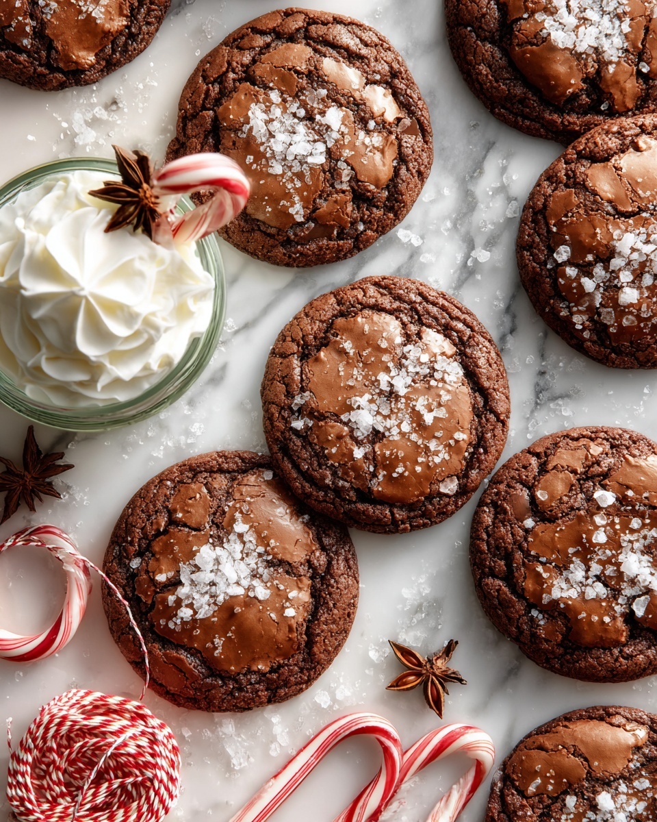 The image shows a close-up of several dark brown, shiny chocolate cookies with cracked tops and some melted chocolate spots. The cookies are arranged overlapping each other on a white marbled surface with a few scattered flakes of sea salt on top. On the bottom left corner, there is a white mug filled with whipped cream that has a star anise on top, slightly out of focus. Near the top right corner, a wooden spool with red and white twine is placed beside the cookies. The overall scene evokes a fresh homemade cozy feel with warm, rich textures. Photo taken with an iphone --ar 4:5 --v 7