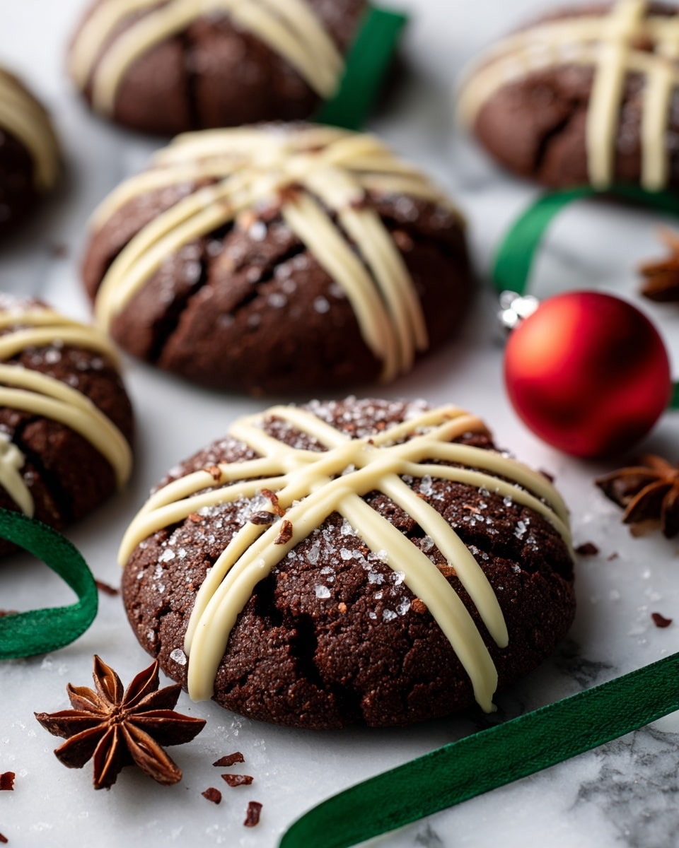 The image shows several brown cookies with cracked tops, each decorated with smooth, light beige icing spread in thick bands across the top. One cookie is heart-shaped and covered fully with the same icing. These cookies are placed on a surface with a fine white powder dusted around them and surrounded by a green ribbon looped through the scene. There is a small red Christmas ornament with a gold base positioned near the cookies, and star anise pods add a dark brown star-shaped detail beside the treats. The setting is a white marbled surface. photo taken with an iphone --ar 4:5 --v 7