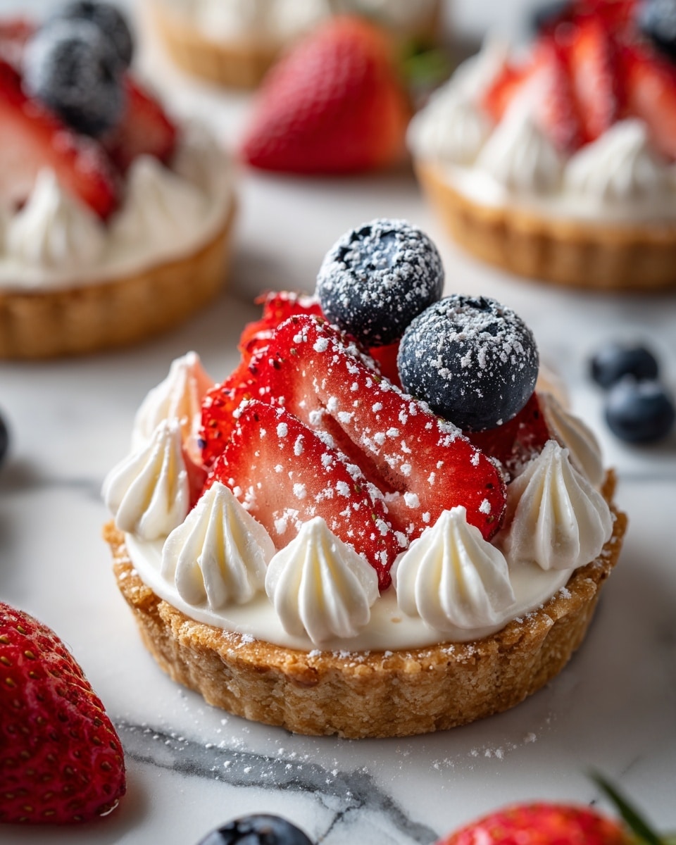 The dish shows a round tart with a pale golden crust base, topped with a thick white creamy layer. Over this cream, there are fresh sliced strawberries arranged in neat overlapping rows with a bright red color. Blueberries with a deep bluish-purple color are placed atop the cream and berries, some dusted with powdered sugar. The tart is set in a white bowl, surrounded by whole strawberries and more blueberries, all resting on a white marbled surface. Photo taken with an iphone --ar 4:5 --v 7
