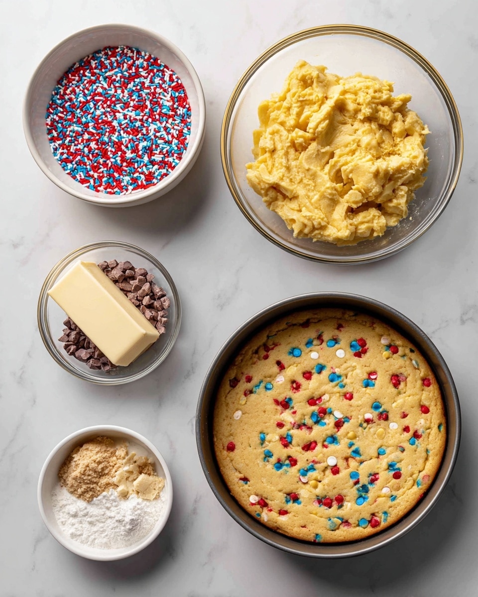 The image shows four stages of making a colorful chip cookie cake. The first stage displays small bowls with ingredients on a white marbled surface, including a white bowl full of red, blue, and white small chips, a stick of butter, brown sugar, flour, and vanilla extract. The second stage shows a clear bowl with yellow dough mixed with the red, blue, and white chips on top. The third stage has the dough shaped and pressed flat inside a round pan, with the chips spread evenly on the surface. The fourth stage presents the baked cookie cake, golden brown with the red, blue, and white chips slightly melted and scattered across the top, still in the round pan. Photo taken with an iphone --ar 4:5 --v 7