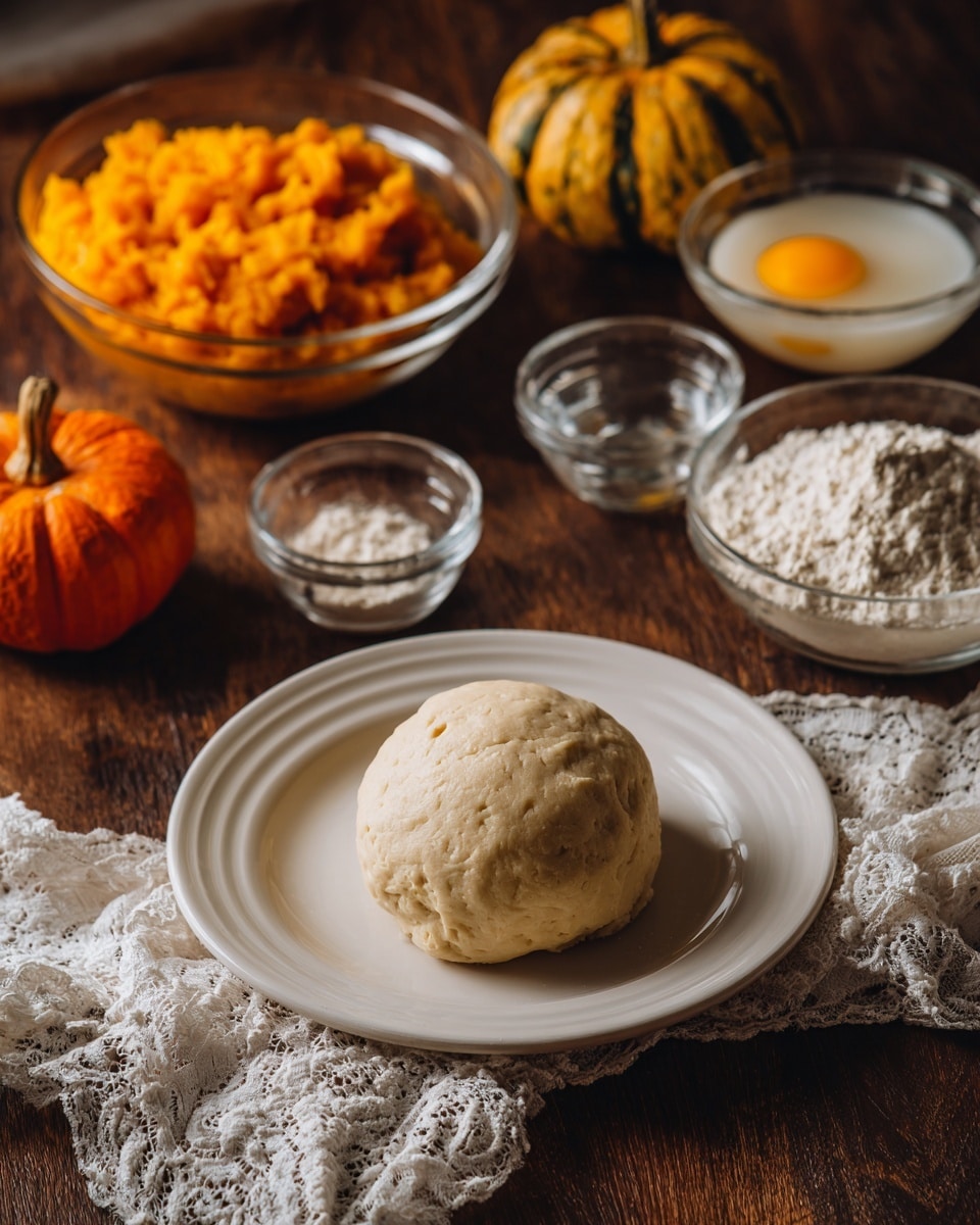 A white plate with a round ball of smooth, pale dough sits at the center on a dark wooden surface with a white marbled texture around it. Surrounding the plate are two small orange pumpkins and a yellow-and-orange gourd. Behind the plate, to the left, is a clear glass bowl filled with mashed bright orange pumpkin. Next to it is a small clear bowl of water. To the right, two small glass bowls hold white flour and a raw yellow egg yolk. A white lace cloth edges the right side of the scene. photo taken with an iphone --ar 4:5 --v 7