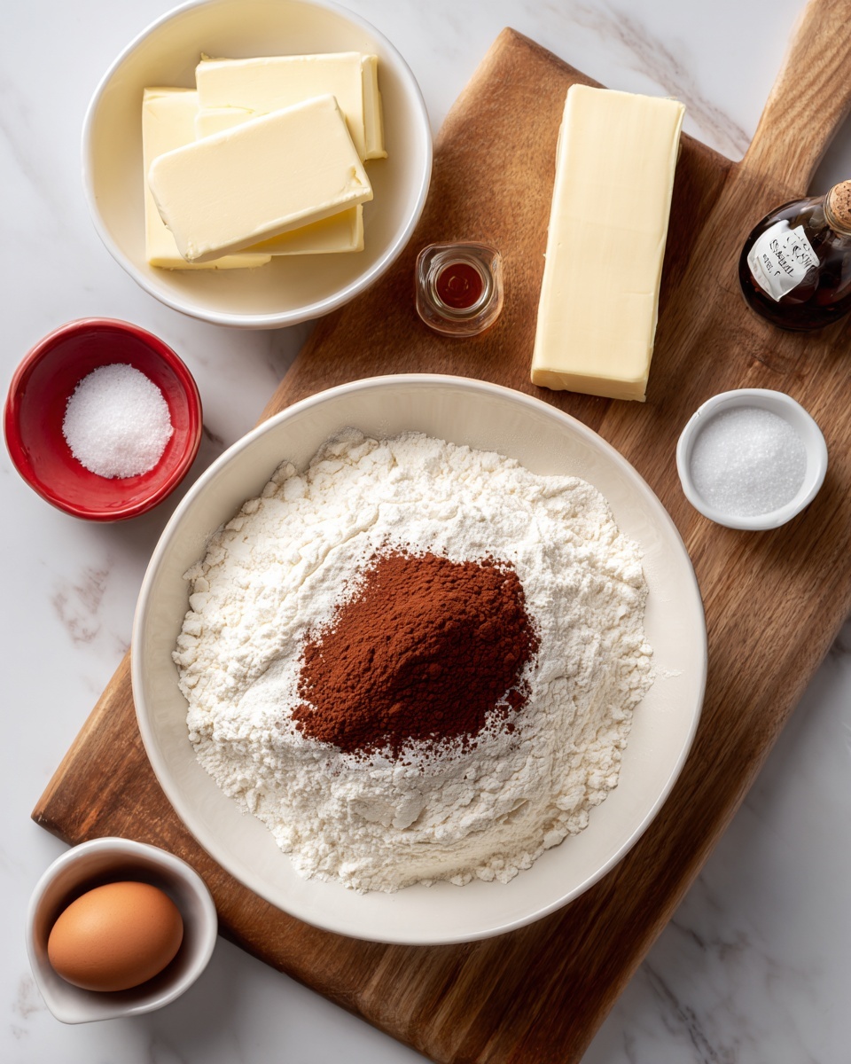 The image shows a white bowl filled with flour and a mound of cocoa powder in the center. The bowl sits on a wooden cutting board. Nearby, there are two sticks of butter, an egg, a small white bowl of sugar, a small red bowl of salt, and a bottle of vanilla extract resting on the white marbled surface. The scene is clean and simple, with all the ingredients arranged neatly around the bowl. photo taken with an iphone --ar 4:5 --v 7