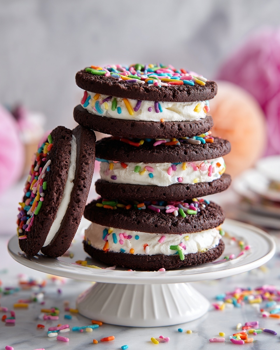 The image shows four small chocolate sandwich cakes stacked on a gray cake stand with a ruffled base. Each sandwich cake has two round chocolate cookie layers with a thick, white cream filling in the middle, some cream slightly spilling out. The top cookie layer of each sandwich is decorated with colorful sprinkles in pink, blue, yellow, green, and orange. The background is soft and blurred, with faint shapes of bottles and straws, and the surface beneath the stand is a white marbled texture with some scattered sprinkles. Photo taken with an iphone --ar 4:5 --v 7