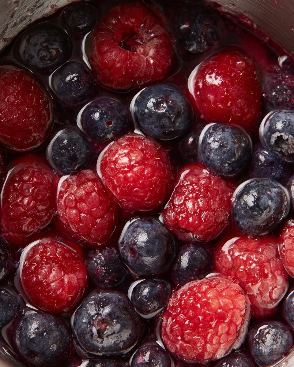 The image shows a close-up of a metal pot filled with a mix of red raspberries and dark blue blueberries partly submerged in a thin liquid. The berries are whole, some slightly broken, displaying their textured surfaces with small seeds and juicy interiors. The raspberries have a bright, vibrant red color, while the blueberries offer a deep, glossy blue-black contrast. The liquid surrounding the fruit is clear and slightly tinted by the berry juice, giving a shiny, wet appearance. The background features a white marbled texture. Photo taken with an iphone --ar 4:5 --v 7