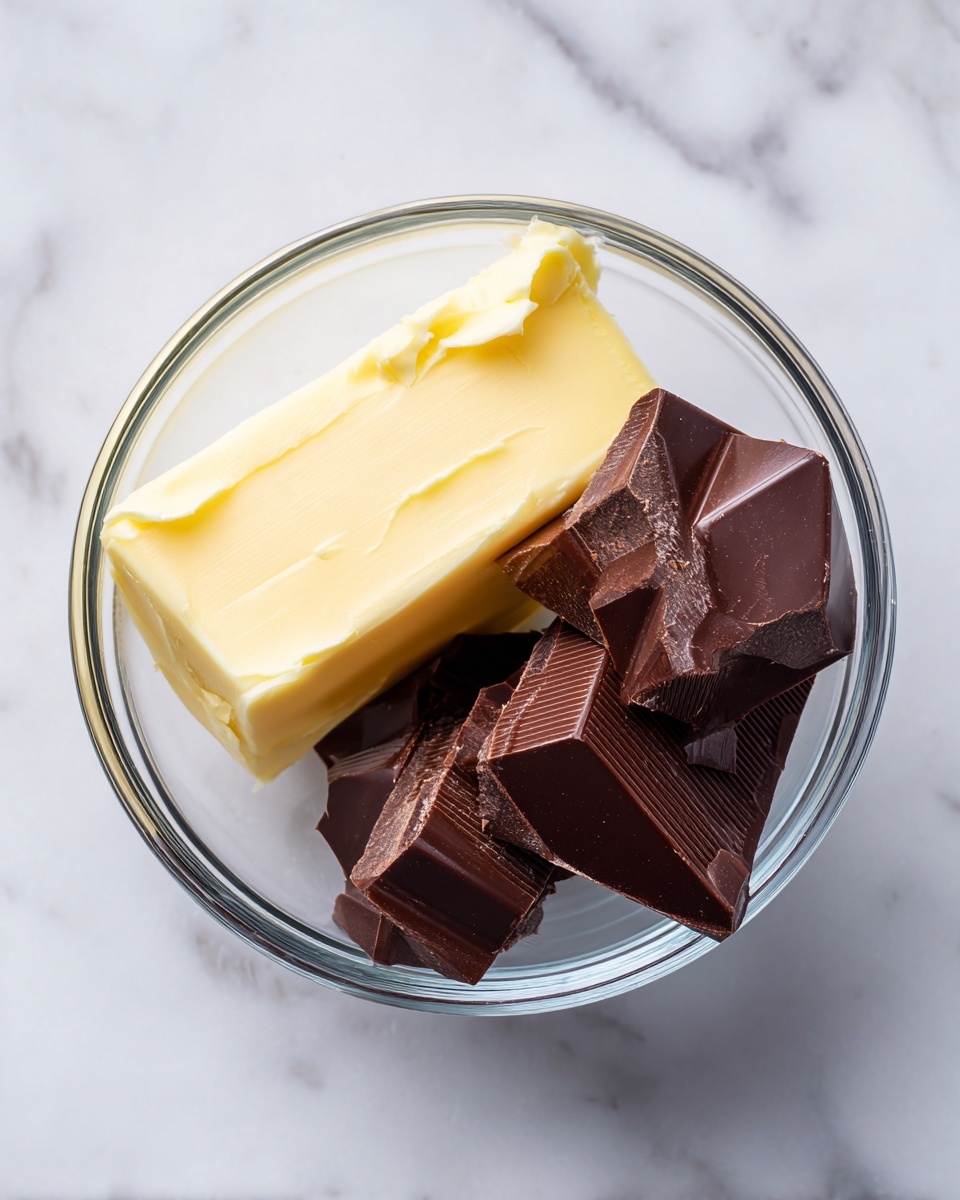 A clear glass bowl filled with two main layers is shown from above. On the left side inside the bowl, there is a block of pale yellow butter with a smooth and slightly creamy texture. On the right side, there are several thick, dark brown chocolate pieces, stacked unevenly. The bowl sits on a white marbled surface with soft gray veins. photo taken with an iphone --ar 4:5 --v 7