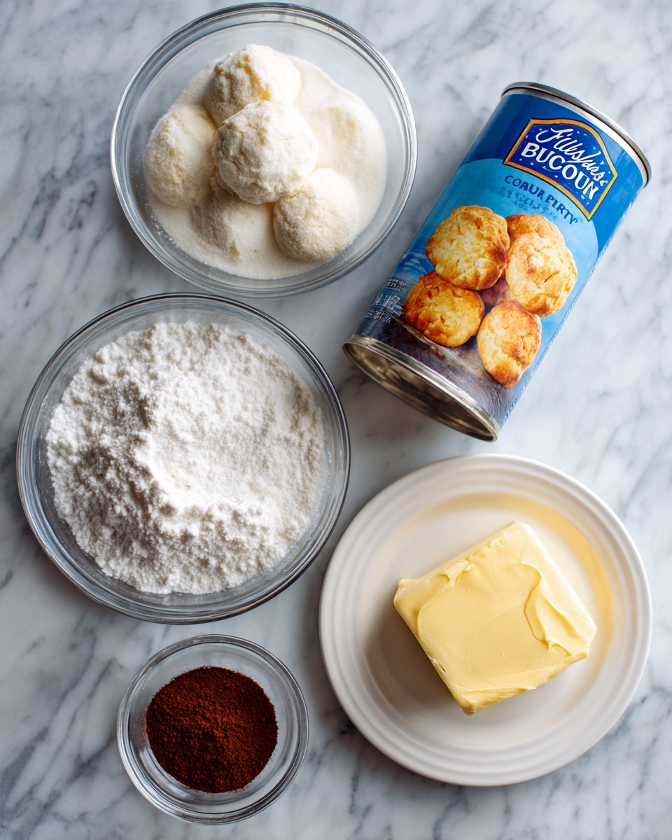 The image shows a silver baking tray on a white marbled texture surface, containing four items spread out neatly. At the top left, there is a clear glass bowl filled with white granulated sugar. In the center, a blue cylindrical can of Pillsbury Country Biscuits with pictures of biscuits is placed diagonally. To the right, on a white plate, there is a block of yellow butter. Below the can and in the center bottom, there is a small clear glass bowl filled with dark brown cinnamon powder. photo taken with an iphone --ar 4:5 --v 7