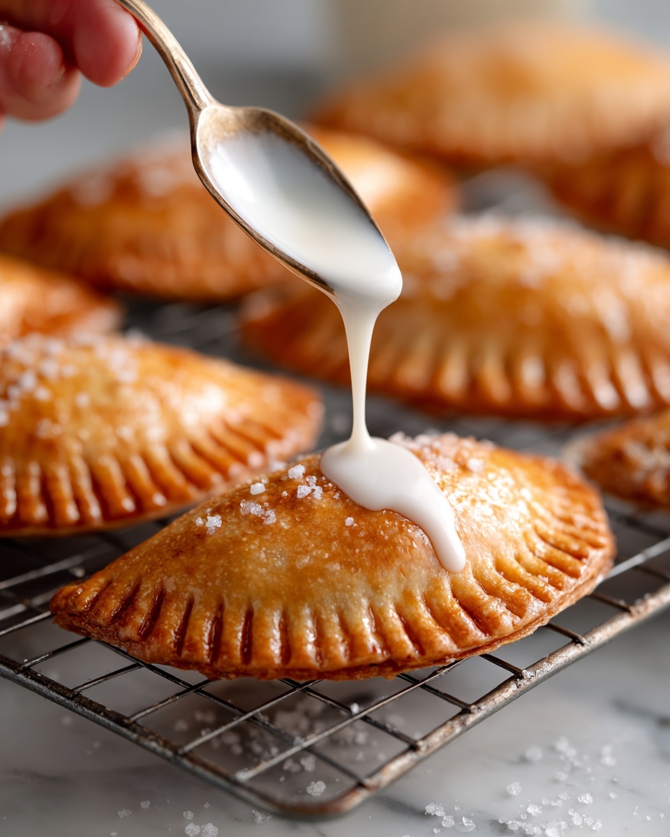 The image shows three golden brown hand pies with a flaky and slightly shiny crust, sitting on a silver cooling rack above a white marbled surface. The front hand pie is being drizzled with smooth, white icing from a spoon held by a woman's hand. The pies have a textured edge pressed down with a fork and are sprinkled with coarse sugar crystals that add a slight sparkle. The background is softly blurred, keeping the focus on the pies and the icing dripping onto the closest one. Photo taken with an iphone --ar 4:5 --v 7
