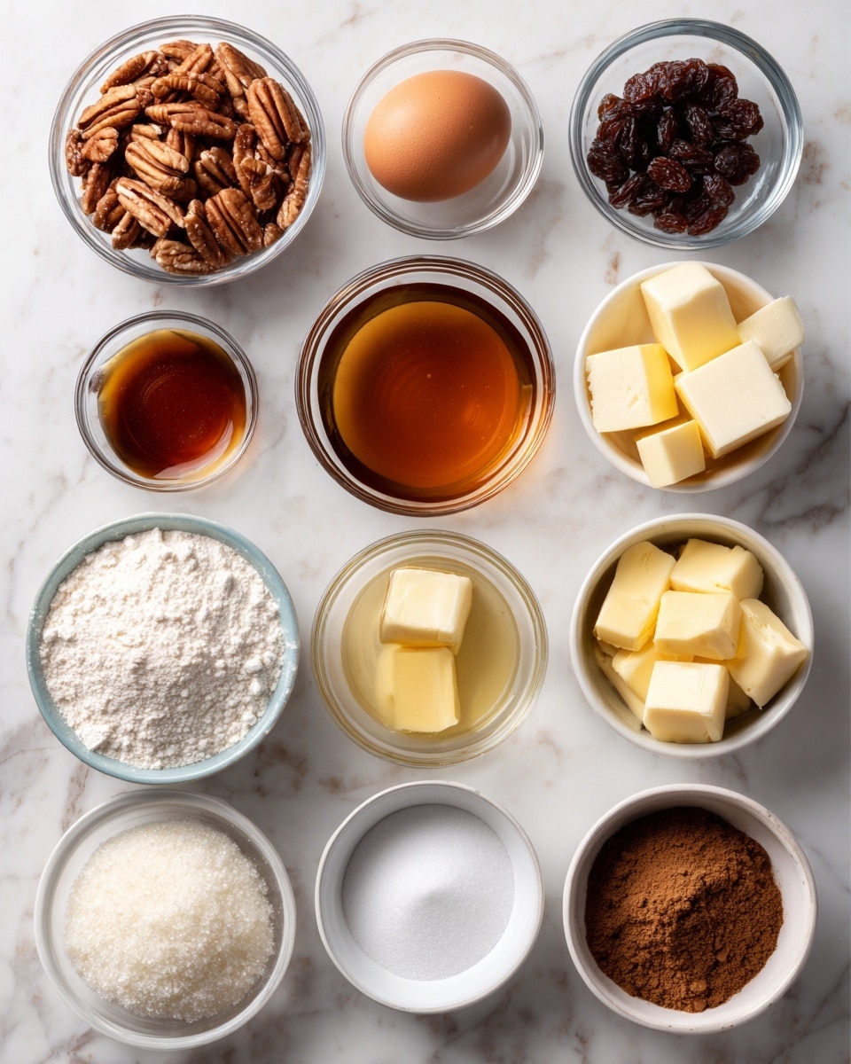 The image shows 13 small clear glass and white bowls with different ingredients arranged neat in rows on a white marbled surface. From top left to right, the first bowl contains chopped brown pecans, next is a single brown egg in a bowl, then dark brown raisins in another bowl, and yellow butter cubes in the last bowl of this row. The second row has light brown apple cider vinegar in a bowl, dark amber maple syrup, white salt, and light brown melted butter, all in clear bowls. The third row contains white flour in a white bowl, white sugar, an empty clear bowl for water, and packed dark brown sugar in a bowl, all evenly spaced. Each ingredient is clearly visible with its natural color and texture. Photo taken with an iphone --ar 4:5 --v 7