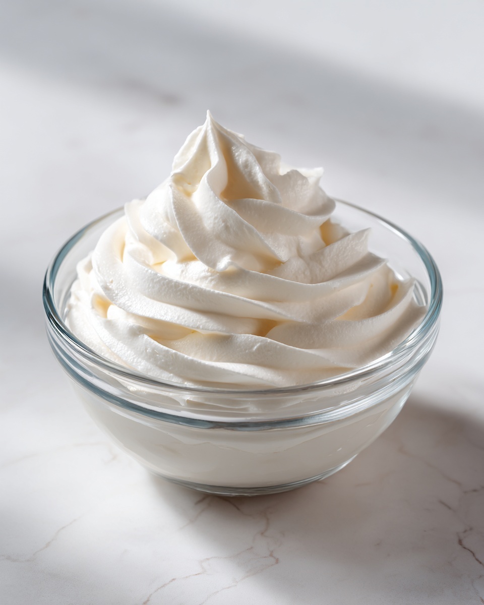 A clear glass bowl filled with smooth, white whipped cream that has soft peaked swirls and a light, fluffy texture. The bowl sits on a white marbled surface with soft shadows casting across it. The whipped cream fills the bowl about halfway, creating gentle, cloud-like curves on top. photo taken with an iphone --ar 4:5 --v 7