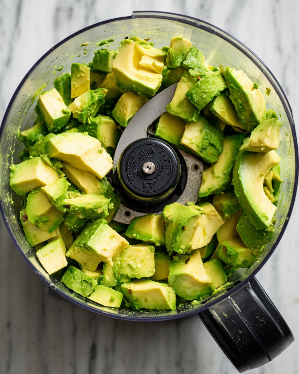 This image shows a clear food processor bowl filled with chopped avocado pieces, varying in size, sitting on a white marbled surface. The avocado chunks have a mix of bright green outer flesh and pale yellow-green inner flesh. The sharp black blade is visible in the center of the bowl, with some avocado pieces resting on it. The food processor handle is black and positioned on the right side of the image. Photo taken with an iphone --ar 4:5 --v 7