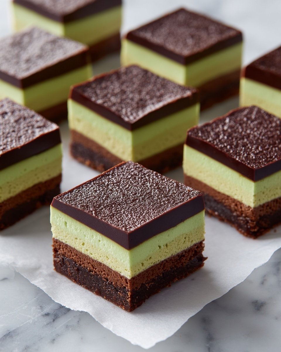 The image shows nine square pieces of a layered dessert arranged in a loose grid on white parchment paper over a white marbled surface. Each piece has three clear layers: a thick dark brown base layer that looks fudgy and textured, a smooth middle layer of pale green cream, and a top layer of shiny dark chocolate with a slightly wavy surface. The dessert squares are evenly spaced and have clean edges, highlighting the layers in each piece. Photo taken with an iphone --ar 4:5 --v 7