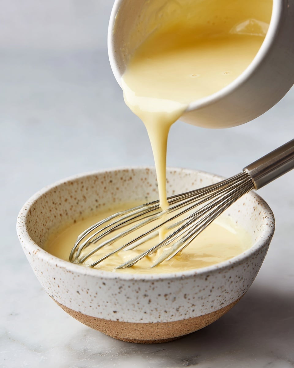 A white speckled bowl sits on a white marbled surface, containing a thick, pale yellow mixture with a metal whisk resting inside. A second white bowl is tilted above it, pouring a smooth, light yellow liquid into the mixture below, creating a slight swirl where the two combine. The scene shows a close-up of the bowls and whisk, with soft natural light and simple kitchen ingredients. Photo taken with an iphone --ar 4:5 --v 7