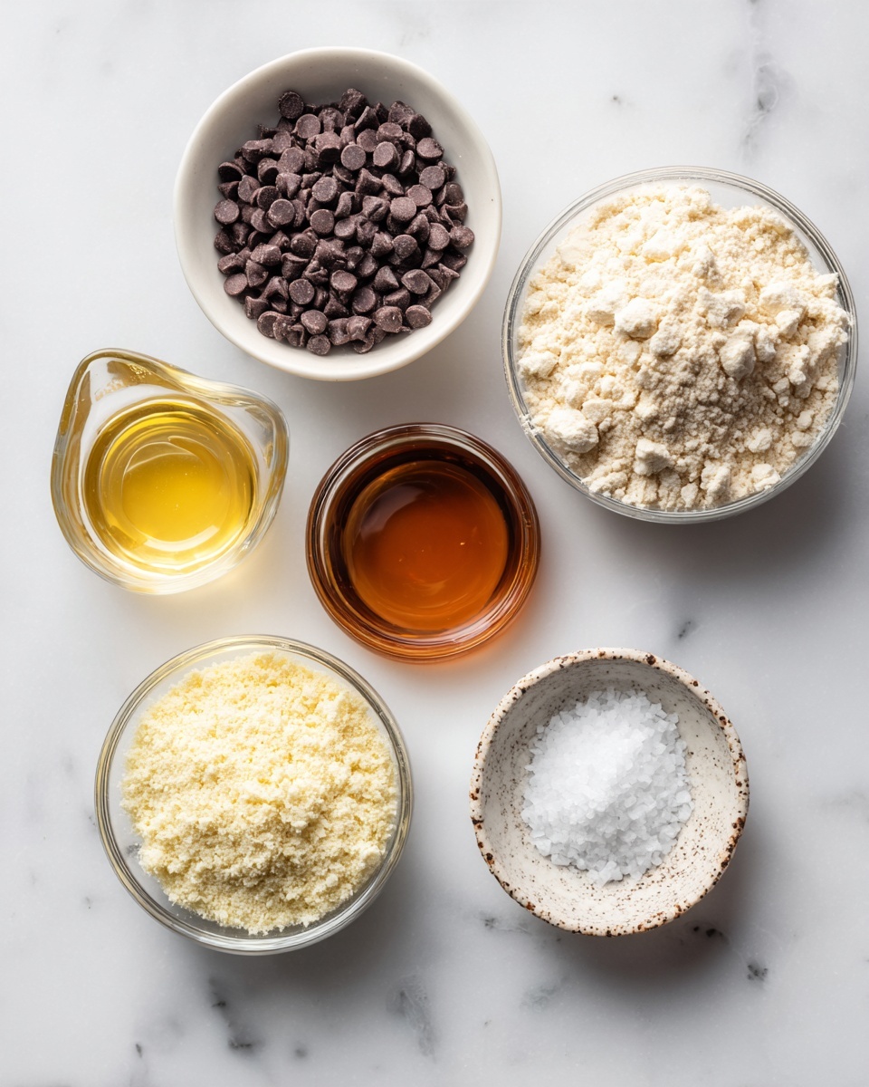 The image shows six small white bowls with different ingredients arranged on a white marbled surface. In the top right, a round glass bowl holds light beige vanilla protein powder with a dry, crumbly texture. To the left, a white ceramic bowl contains a large amount of small, round, dark chocolate chips. Below the protein powder, there is a white ceramic bowl filled with a dark amber liquid labeled as honey or maple syrup. To the left of this, a small glass pitcher has a clear, light yellow liquid identified as coconut oil. At the bottom left, a glass bowl is filled with finely ground almond flour, light yellow in color, with a powdery texture. Finally, near the bottom center, a rustic small white bowl contains flaky sea salt, visible as coarse white crystals. The arrangement is neat and spaced out, giving a clean, minimal look. photo taken with an iphone --ar 4:5 --v 7