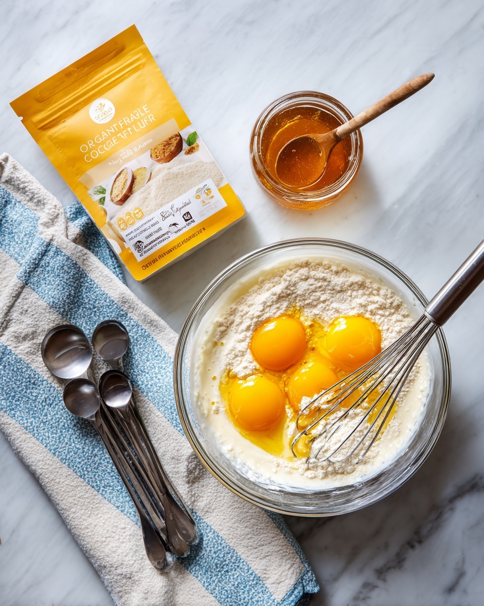 A clear glass bowl contains a white creamy mixture with five bright yellow egg yolks cracked on top, with a metal whisk resting inside. Next to it is a small glass jar filled with golden honey and a silver spoon inside. A yellow package of organic coconut flour stands upright nearby, with text and images on its front. In the bottom left corner, there is a set of metal measuring spoons on a folded white and blue kitchen towel. The entire arrangement is set on a white marbled surface photo taken with an iphone --ar 4:5 --v 7