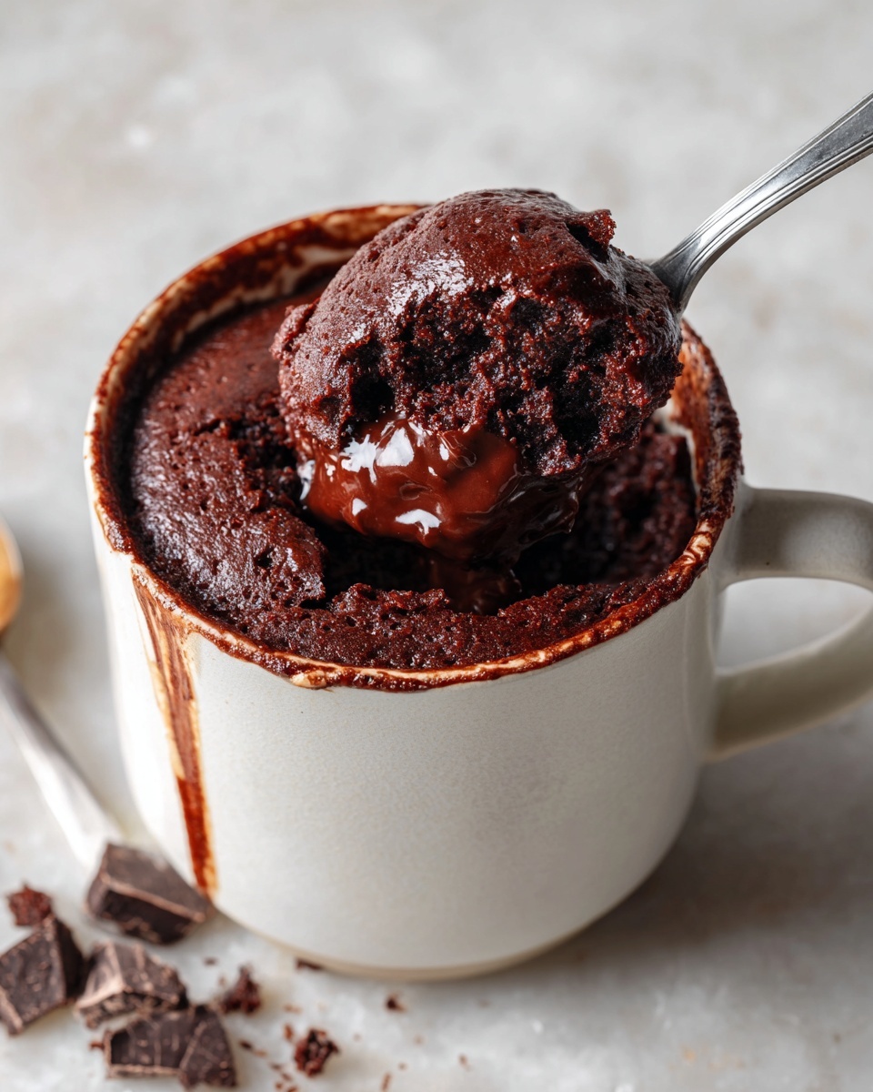 Inside a white mug, there is one thick layer of dark brown chocolate mixture with a rough and slightly shiny texture, held on a silver spoon above the mug’s opening. The inside walls of the mug are smeared with the same chocolate mix. The mug is placed on a white marbled surface with a silver and wooden-handled spoon nearby, which has some light brown peanut butter on it. In the top right corner, part of a green and white striped cloth is visible. Photo taken with an iphone --ar 4:5 --v 7