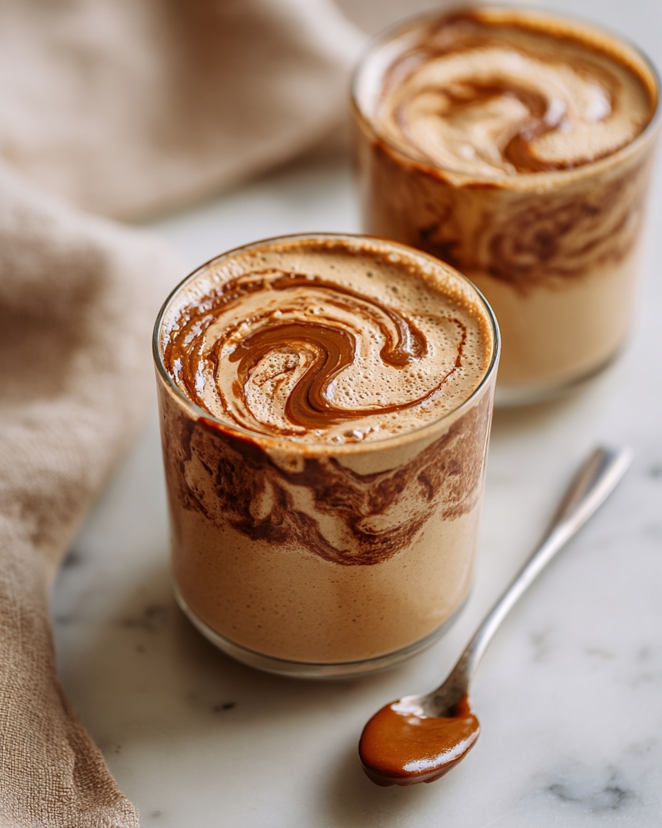 A clear glass filled with a light brown creamy smoothie with a slightly thick texture and small bubbles on the surface, topped with a swirl of smooth, darker brown swirl of nut butter, placed on a round white marble surface. Next to the glass, a silver spoon holds a dollop of the thicker nut butter, visible in creamy texture. In the blurry background, another similar glass filled with the same smoothie is visible, all set on a white marbled texture photo taken with an iphone --ar 4:5 --v 7