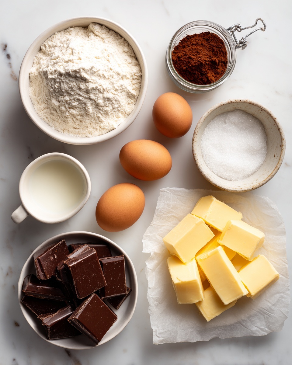 The image shows cooking ingredients arranged neatly on a white marbled surface. There are nine items in total: a white bowl with white flour topped slightly unevenly in it, a small round glass jar with brown cocoa powder, a white small cup with a bit of water, a small glass jar filled with white salt, two brown eggs placed directly on the surface, a small white cup with light cream inside, a white bowl filled with large pieces of dark brown chocolate disks, a white bowl full of fine white sugar, and several small square pieces of yellow butter stacked loosely on a small square white sheet of parchment paper. All items are spaced out evenly and lit with natural light. photo taken with an iphone --ar 4:5 --v 7