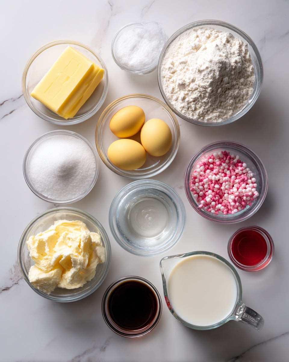 The image shows ten clear glass bowls and a measuring cup with baking ingredients arranged on a white marbled surface. Starting from the top left, there is a small bowl with a square of yellow butter, next to a tiny bowl with white salt. Below them is a larger bowl filled with white powdered sugar. Toward the center in a medium bowl are three raw yellow eggs. To the right of the eggs, a big bowl contains white flour. Below the eggs is a glass measuring cup with clear oil. Next to it on the right, a small bowl holds small pink candy sprinkles. At the bottom left, another small bowl contains cream cheese. Beside it, a small bowl holds dark brown vanilla extract. In front on the right, a tiny bowl with a small amount of red food coloring sits near a glass measuring cup filled with white milk. All the bowls are transparent, showing their contents clearly. The arrangement is neat and spread out on the smooth white marbled surface. photo taken with an iphone --ar 4:5 --v 7