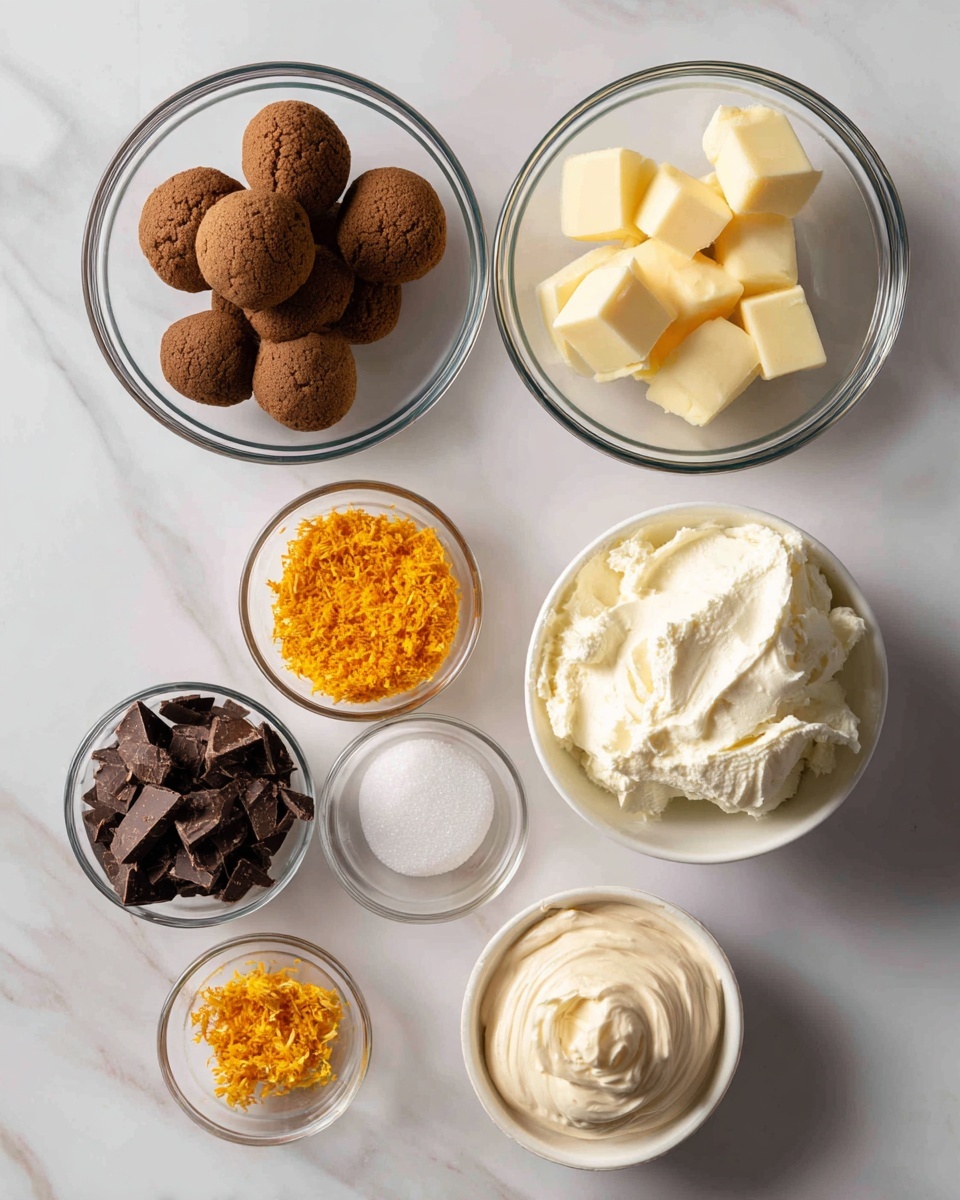 The image shows two side-by-side pictures of clear glass bowls holding ingredients on a white marbled surface. On the left side, there are two bowls: the top bowl contains a small pile of round brown cookies, and below it is a smaller bowl with pale yellow butter cubes. On the right side, there are six bowls arranged loosely: at the top right, a large bowl holds thick white cream cheese, below it a medium bowl filled with light beige cream. To the left of the cream cheese are four smaller bowls: one with dark brown chopped chocolate pieces, one with bright orange zest, one with white granulated sugar, and one with pale yellow-orange liquid orange extract. Each bowl is labeled with simple black text on a white background. Photo taken with an iphone --ar 4:5 --v 7