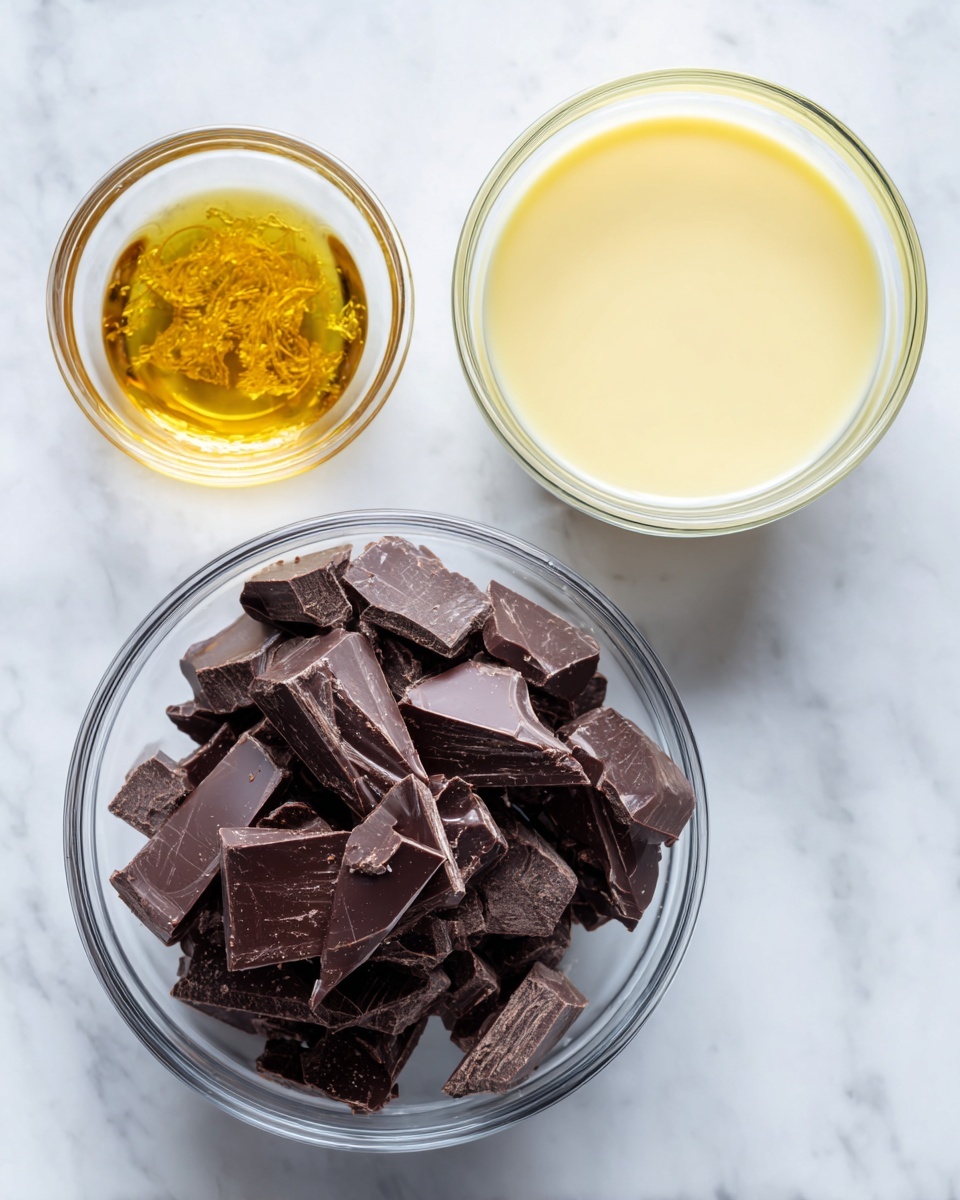 Three clear glass bowls sit on a white marbled surface. The smallest bowl in the upper left holds a small amount of orange extract, which is golden yellow and thin in texture. To the right of it, a medium bowl contains pale yellow condensed milk with a smooth, creamy texture. Below both, a larger bowl is full of dark chocolate chunks that are deep brown with a glossy, solid look. Each bowl is clearly labeled with text above or below them. photo taken with an iphone --ar 4:5 --v 7