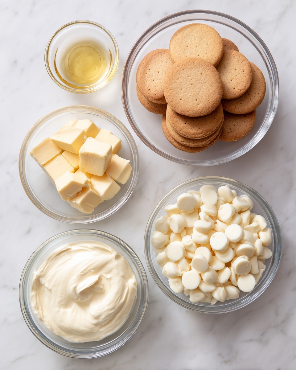 The image shows two steps for making a dessert. In step 1, there is a clear glass bowl filled with round, light brown cookies stacked on a white marbled surface, and below it, a smaller clear glass bowl with small cubes of pale yellow butter. In step 2, four clear glass bowls are placed on the white marbled surface: the top bowl has creamy white cream cheese, to its left a small glass bowl contains a light yellow liquid labeled orange extract, below the cream cheese bowl is a bowl with smooth, thick cream, and to the right is a bowl full of small, round white chocolate pieces. photo taken with an iphone --ar 4:5 --v 7