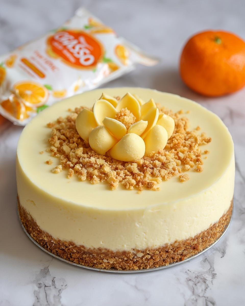 A round cheesecake with two clear layers sits on a white marbled surface. The bottom layer is a light brown crumbly crust, while the top layer is a creamy pale yellow cheesecake. On the top of the cheesecake are two rings of small yellow slices arranged neatly, with a floral pattern of the same yellow slices in the center. Behind the cheesecake are a white bag of Terry's Chocolate Orange minis and a small orange wrapped in bright orange foil. The image is clear and well-lit, showing smooth textures and soft colors photo taken with an iphone --ar 4:5 --v 7