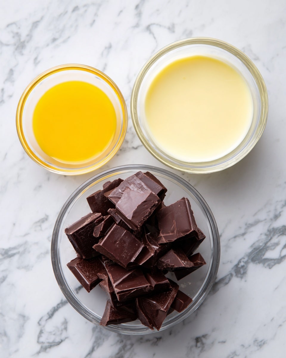 The image shows three clear glass bowls placed on a white marbled surface. The smallest bowl on the top left holds a small amount of bright yellow-orange liquid labeled as orange extract. To the right of it, a medium-sized bowl contains a creamy, pale yellow liquid labeled as condensed milk. Below these two, a larger bowl is filled with irregular square chunks of dark brown chocolate with a smooth finish, labeled as dark chocolate. All the bowls are evenly spaced with clean edges and the colors contrast well against the white marbled background photo taken with an iphone --ar 4:5 --v 7