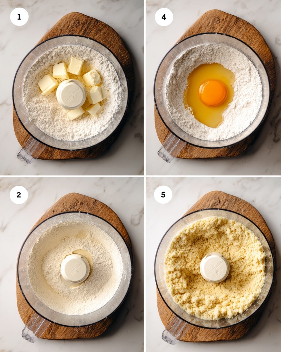 Four images show a clear food processor bowl on a wooden board over a white marbled surface, each image with a white number circle in the top left corner. Image 1 shows white flour coating the bottom with small light yellow cubes of butter spread on top. Image 2 shows the flour and butter mixture blended into a fine white powder. Image 3 shows white flour on the right side and a bright orange liquid yolk on the left side inside the bowl. Image 4 shows a crumbly, light yellow dough mixture evenly spread inside the bowl. Photo taken with an iphone --ar 4:5 --v 7