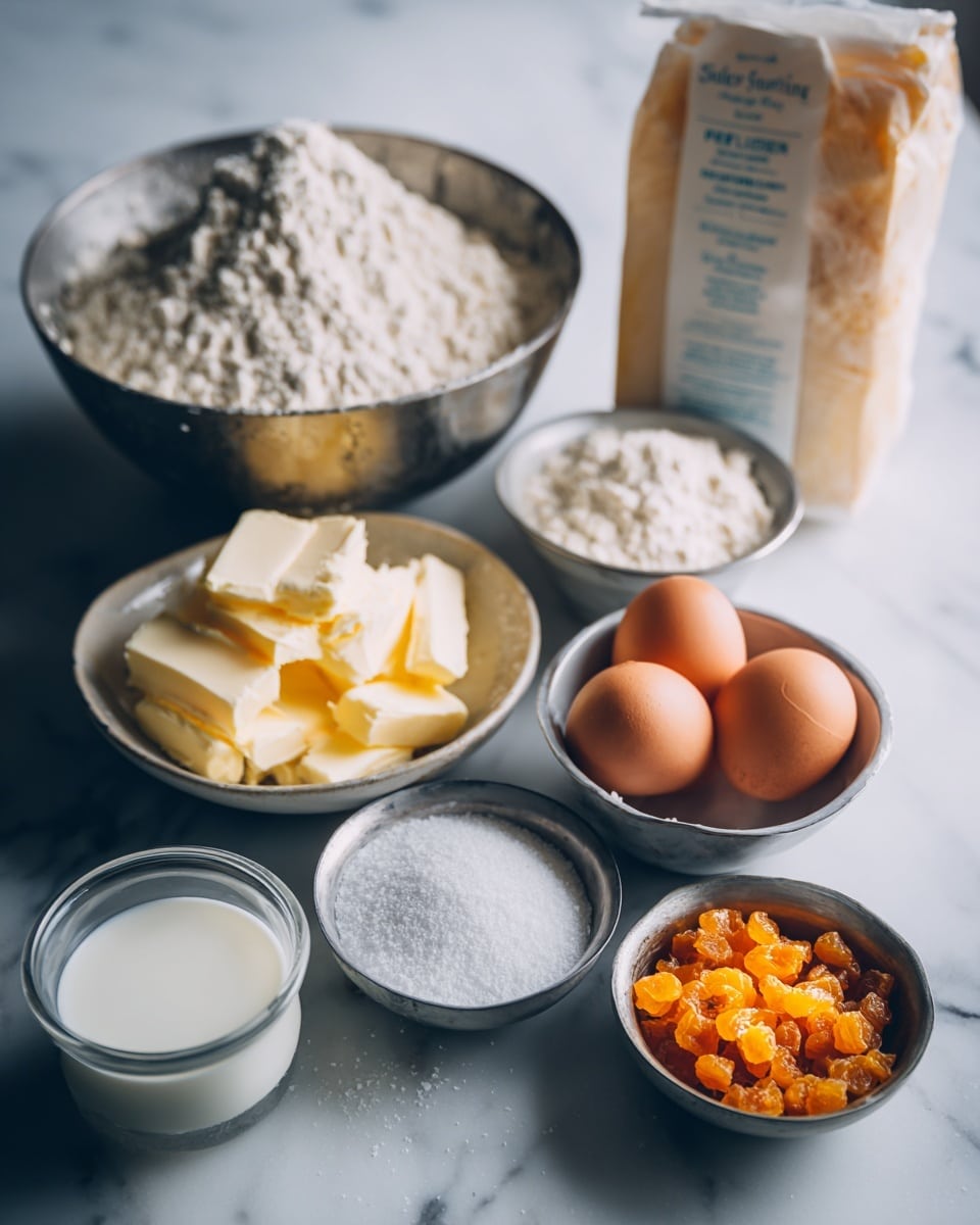 The image shows baking ingredients arranged neatly on a white marbled surface. In the back right is a tall packet of self-raising flour in beige and sky blue colors. In front of it, a metal bowl holds white flour. To the left, a smaller metal bowl is filled with neatly sliced pale yellow butter. On the right side, there is a metal bowl with three cracked golden-yellow eggs. Next to the eggs is a metal bowl filled with white sugar crystals. Towards the bottom center, a clear glass bowl holds white milk, and next to it, a small metal bowl is filled with small orange diced pieces, likely dried fruit. The light is soft and natural. photo taken with an iphone --ar 4:5 --v 7