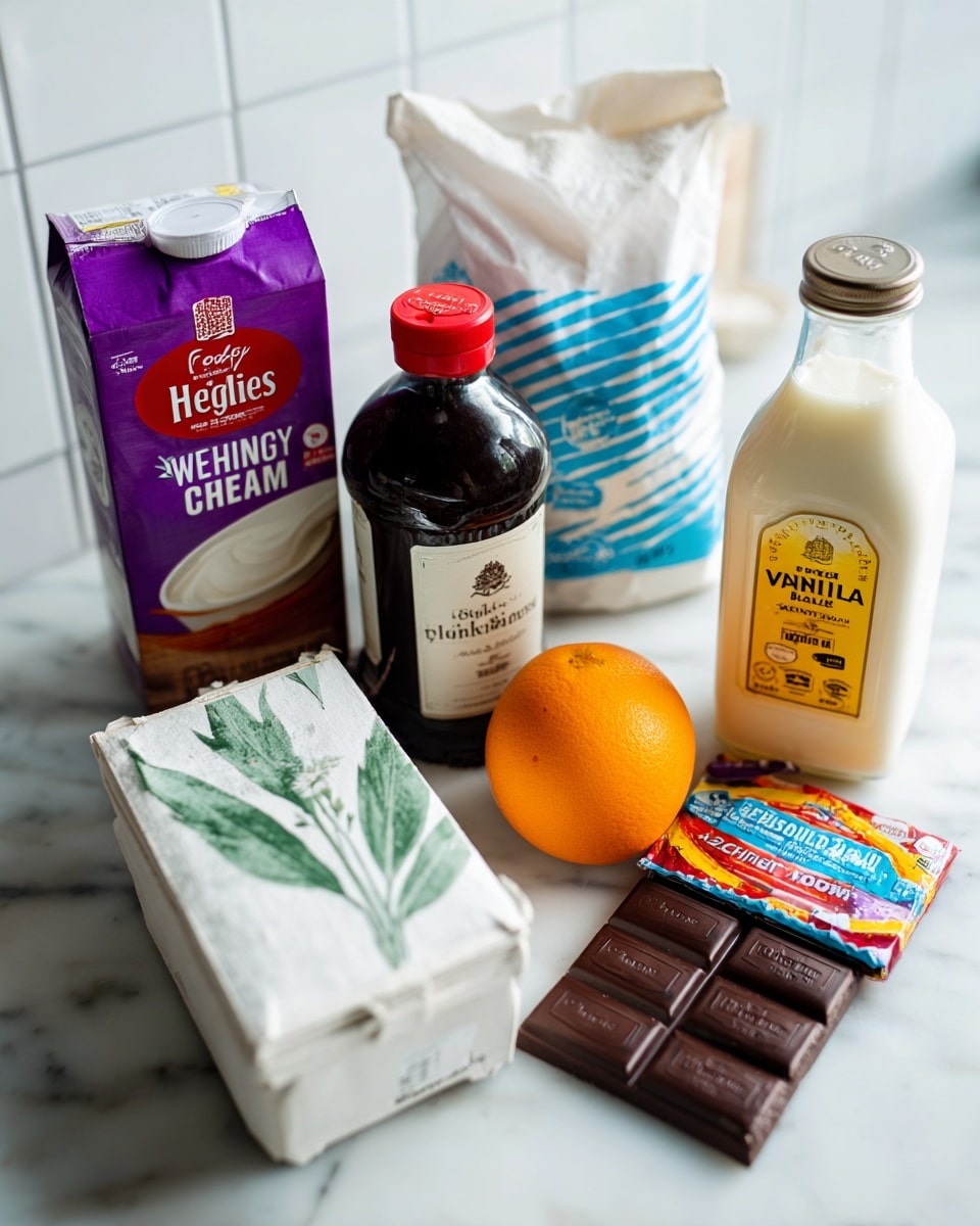 The image shows six items placed on a white marbled surface with a white tiled background. At the back, there is a purple carton of heavy whipping cream on the left, a dark brown bottle with a red seal next to it, a white bag of granulated white sugar with blue stripes in the middle, and a clear bottle of pure vanilla with a yellow label on the right. In front, there is a white box of pasture-raised eggs with green leafy designs, a bright orange placed on the left corner of the egg box, and a colorful package of dark chocolate resting on the right side of the egg box. The setup is neat and well arranged. photo taken with an iphone --ar 4:5 --v 7