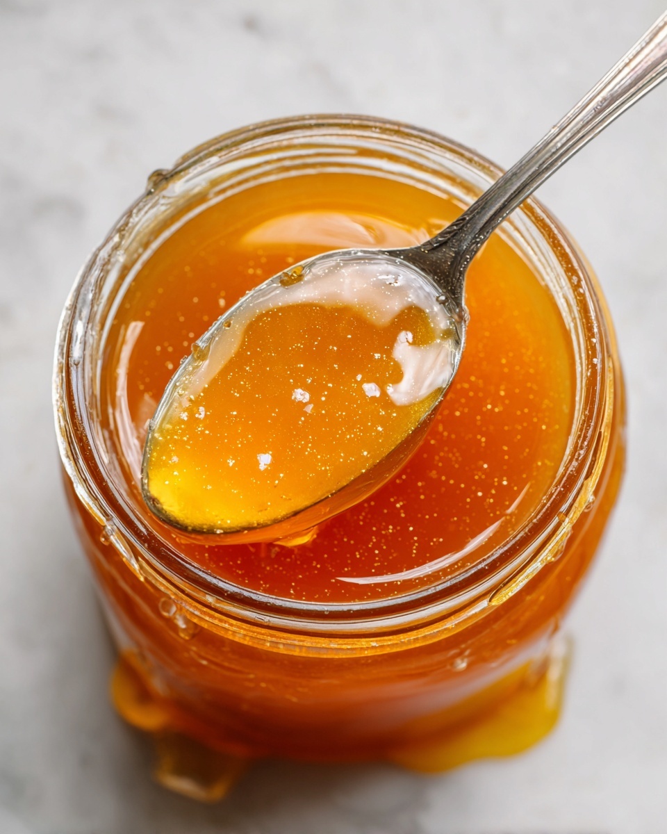 A close-up top view of an open glass jar filled with bright amber honey, showing its shiny, thick, and sticky texture. Inside the jar, a silver spoon holds a small amount of the honey, catching the light and revealing the smooth, glossy surface with a few tiny bubbles. The jar's rim has some honey dripped around it, and the background is a white marbled texture. Photo taken with an iphone --ar 4:5 --v 7