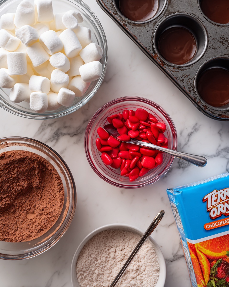 The image shows a close-up of several small bowls and containers arranged on a white marbled surface. There is a clear glass bowl filled with white mini marshmallows, a clear glass bowl with bright red candy melts and a metal spoon inside, a round container holding brown cocoa powder with a metal scoop, and an empty muffin pan with a dark metal finish. Near the bowls is a blue box of Terry's Chocolate Orange, which features a picture of the orange chocolate on the packaging. Photo taken with an iphone --ar 4:5 --v 7