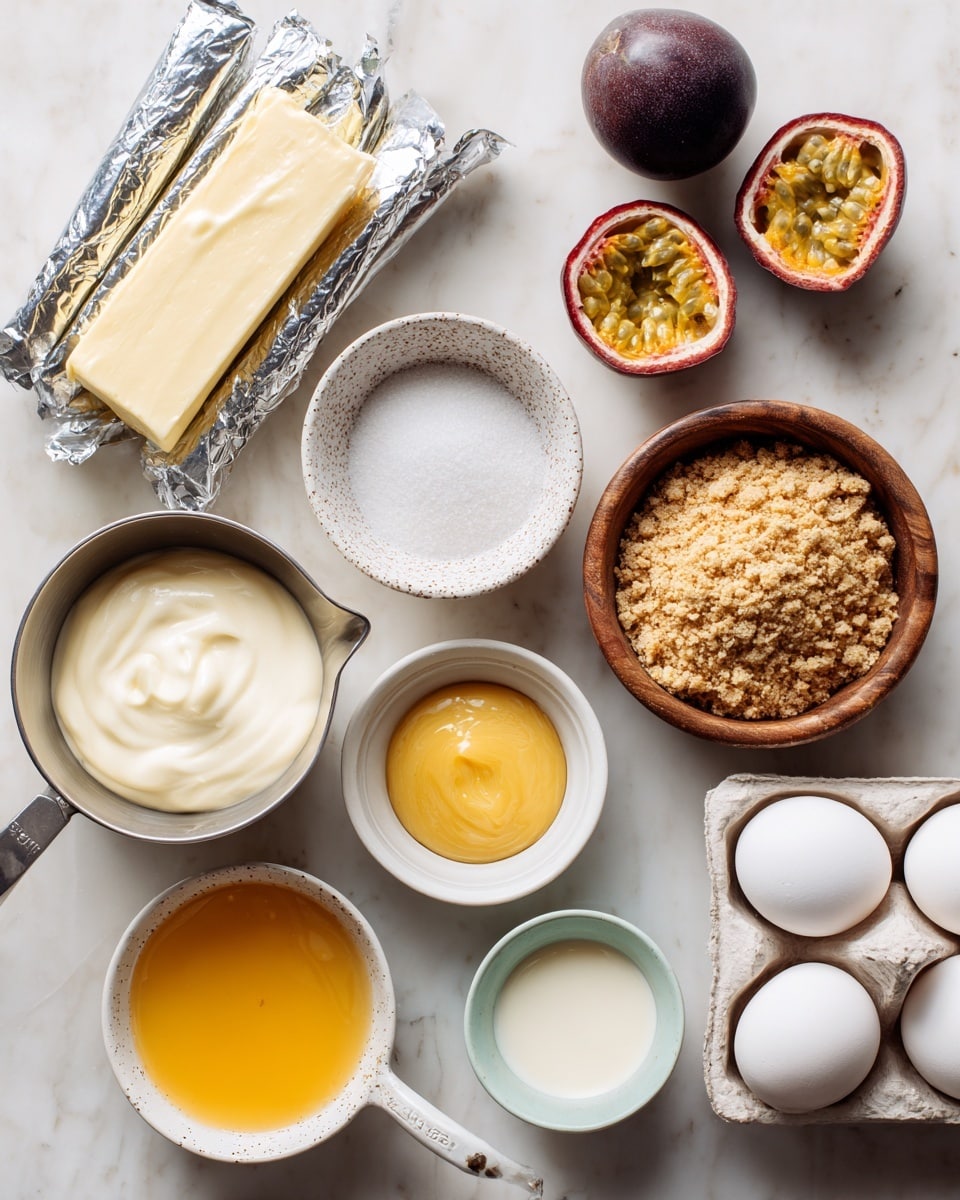 The image shows various baking ingredients arranged on a white marbled surface. On the left are four silver-wrapped sticks of butter stacked beside a small white speckled dish with a brown liquid. Toward the center top is one whole passion fruit with dark purple skin, and above it, a halved passion fruit with bright yellow-orange seeds. Below is a metal measuring cup filled with thick white cream. To the right, a small white bowl with a smooth yellow sauce, and below it a small light blue bowl with white liquid. A medium-sized brown wooden bowl filled with crushed light brown crumbs is near the center right. Below on the left is a small wavy-edged bowl with granulated white sugar and next to it, a white bowl filled with melted butter. On the bottom right, there are four white eggs arranged neatly in their carton. The scene is clean, bright with soft natural lighting, photo taken with an iphone --ar 4:5 --v 7