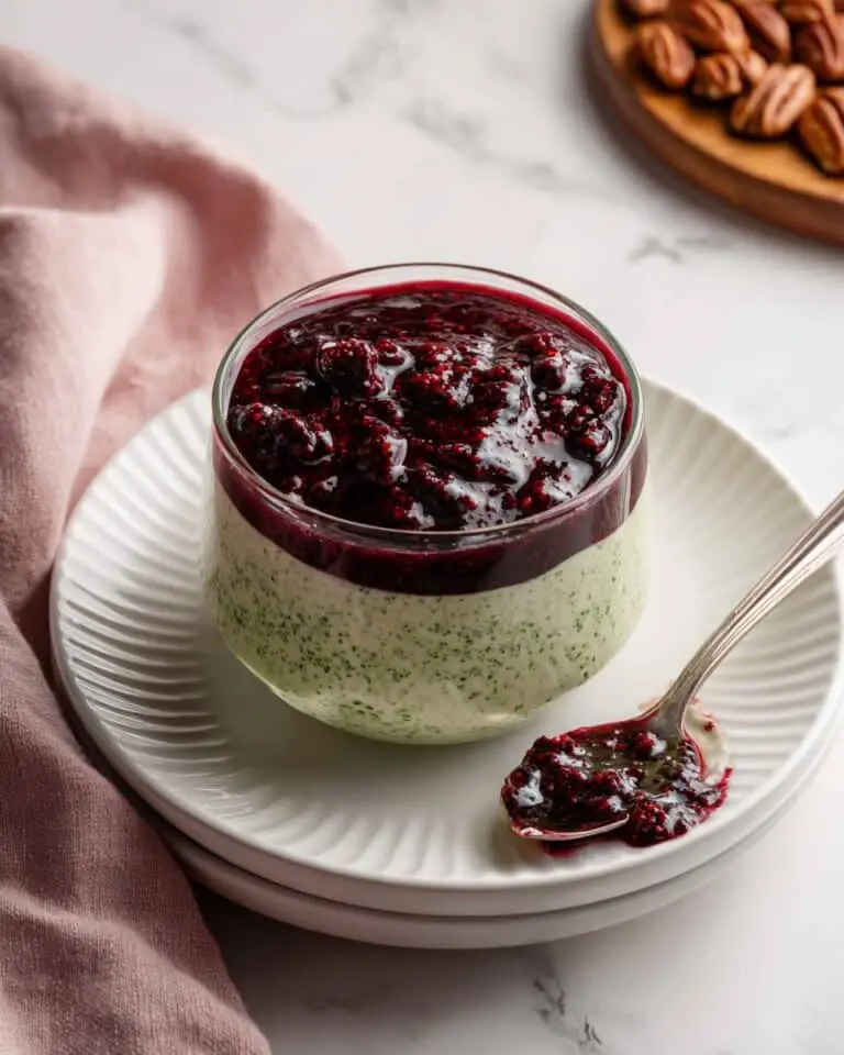 Matcha Pudding with Raspberry Coulis and Coconut Garnishes Recipe