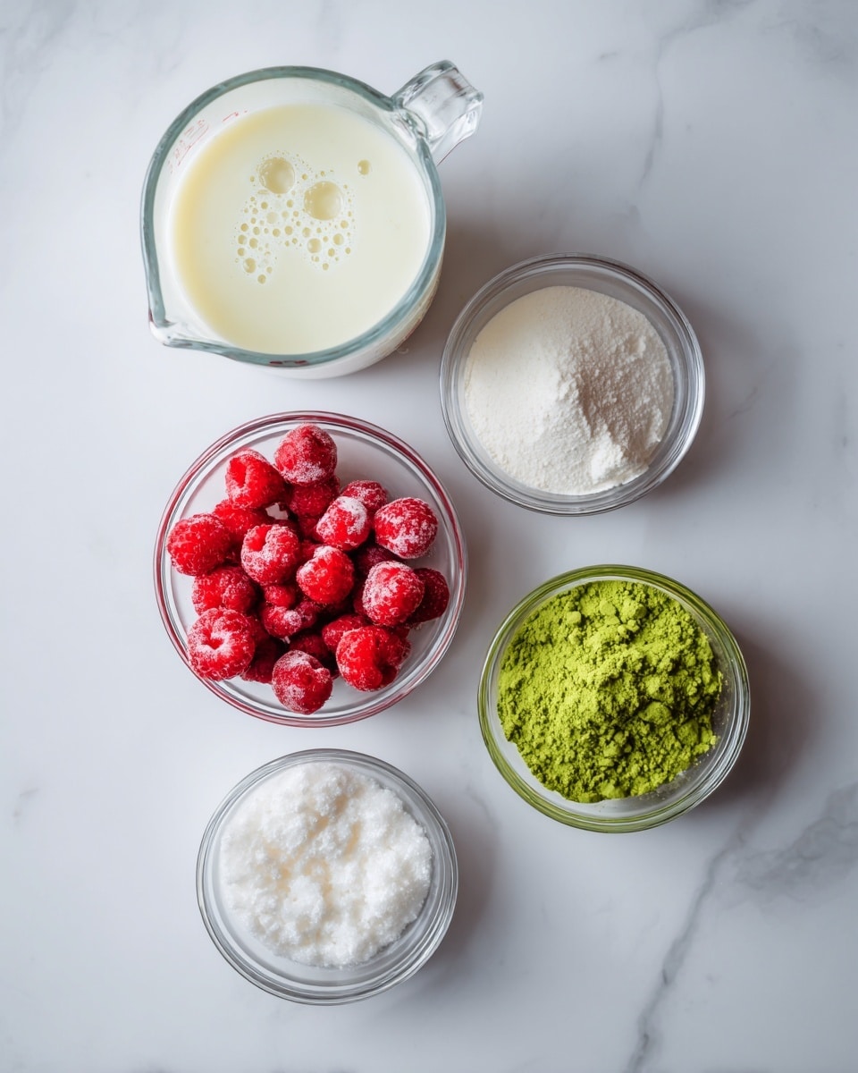 The image shows six small clear glass containers arranged on a white marbled surface with bright, even lighting. The top left container is a measuring jug with a creamy white liquid with bubbles on top. To the right, there is a round small bowl filled with a fine white powder. Below, on the right side, there is another small glass jug filled with bright red frozen raspberries showing fine icy details. Towards the bottom, there is a similar round bowl with another white powder, appearing slightly coarse. Finally, the bottom right container is a small round glass bowl filled with bright green powder, packed but showing fine texture variations. Photo taken with an iphone --ar 4:5 --v 7