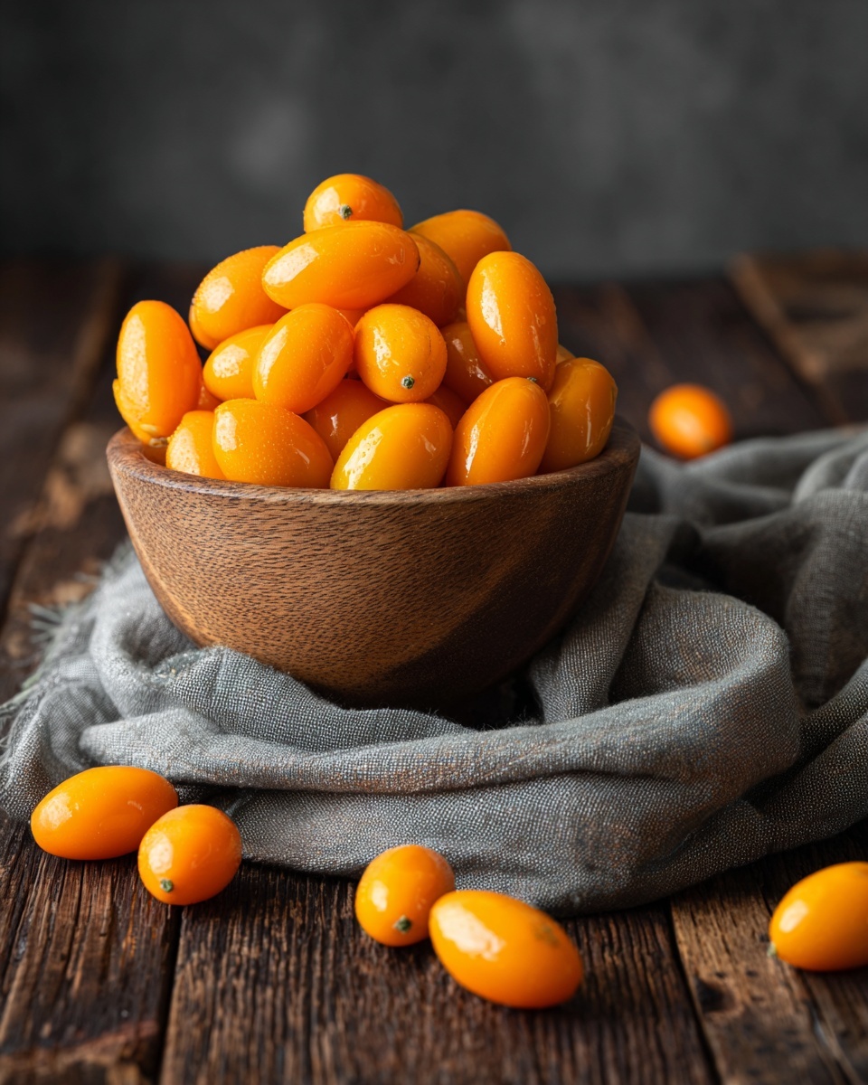 A round wooden bowl filled with many small bright orange oval fruits stacked in a pile. Some of the fruits spill over and scatter on the dark wooden surface around the bowl. A loosely folded grey cloth is in the background next to the bowl. The whole setting is on a dark wood table with a soft focus background. photo taken with an iphone --ar 4:5 --v 7