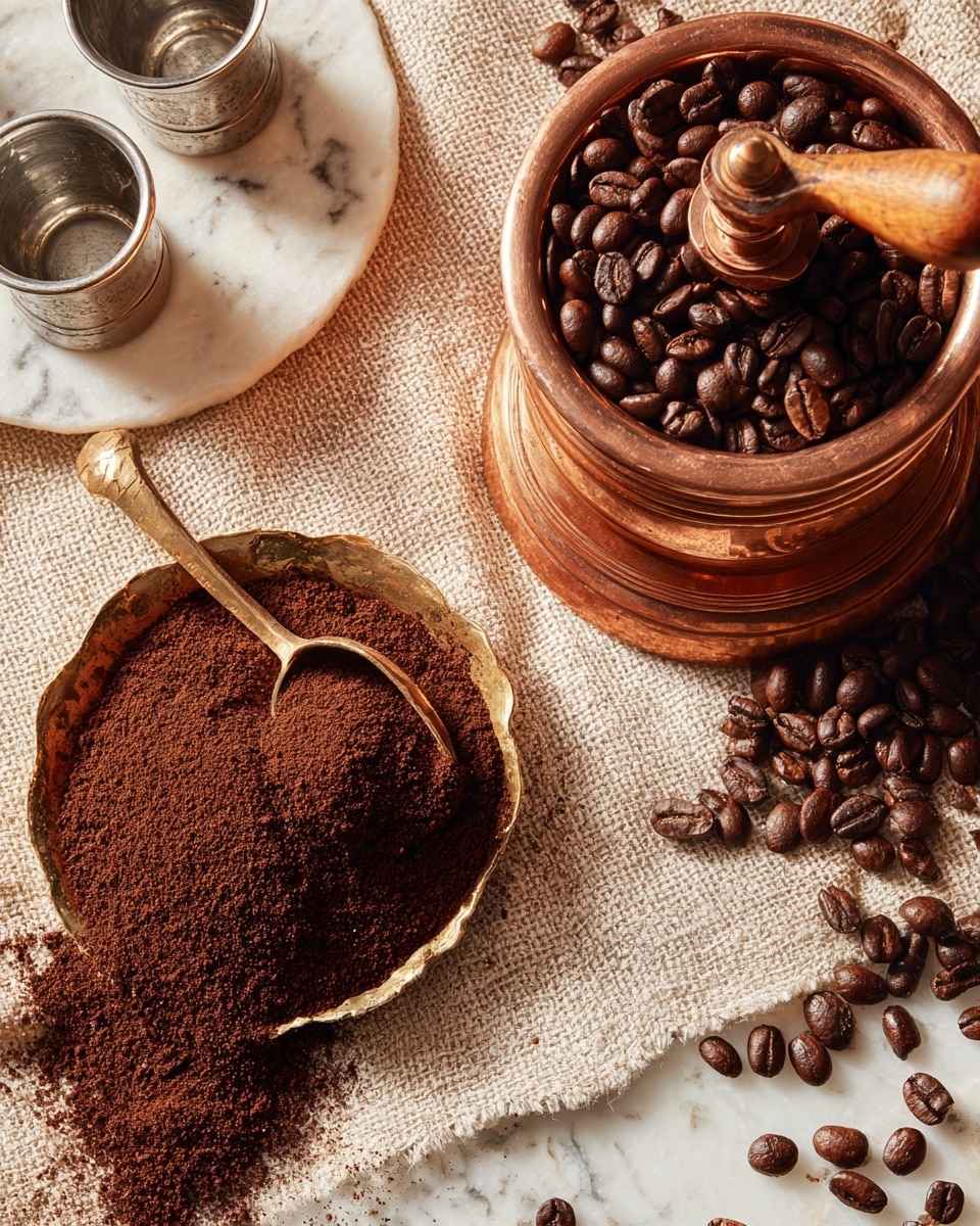 The image shows dark brown coffee beans scattered on a textured coarse beige cloth. A wooden coffee grinder with a wooden handle lies on the cloth with some beans spilling from it. Next to the beans is a smooth copper bowl filled with finely ground dark brown coffee powder. A gold-colored measuring spoon filled with coffee beans rests partly on the cloth and partly on the beans. In the top left corner, there is a white metal plate with two small silver cups on it. The whole scene is set on a white marbled background. Photo taken with an iphone --ar 4:5 --v 7