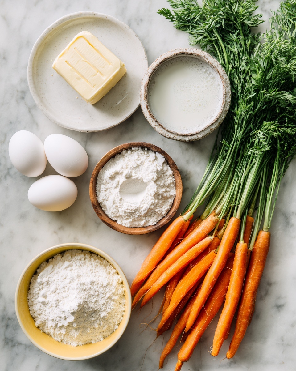 This image shows fresh ingredients laid out on a white marbled surface. On the right side, there is a bunch of fresh orange carrots with green leafy tops spread out. On the left, there is a small white plate with two white eggs, above which lies a white plate with a rectangular block of pale yellow butter. Next to the butter, there is a small wooden bowl filled with white powder, likely baking powder or baking soda. Above that is a small rustic bowl with a foamy white liquid inside. To the right of the wooden bowl is a yellow bowl containing white flour. At the bottom left corner, there is a white bowl filled with white granulated sugar. All the ingredients are clearly separated and arranged neatly. photo taken with an iphone --ar 4:5 --v 7