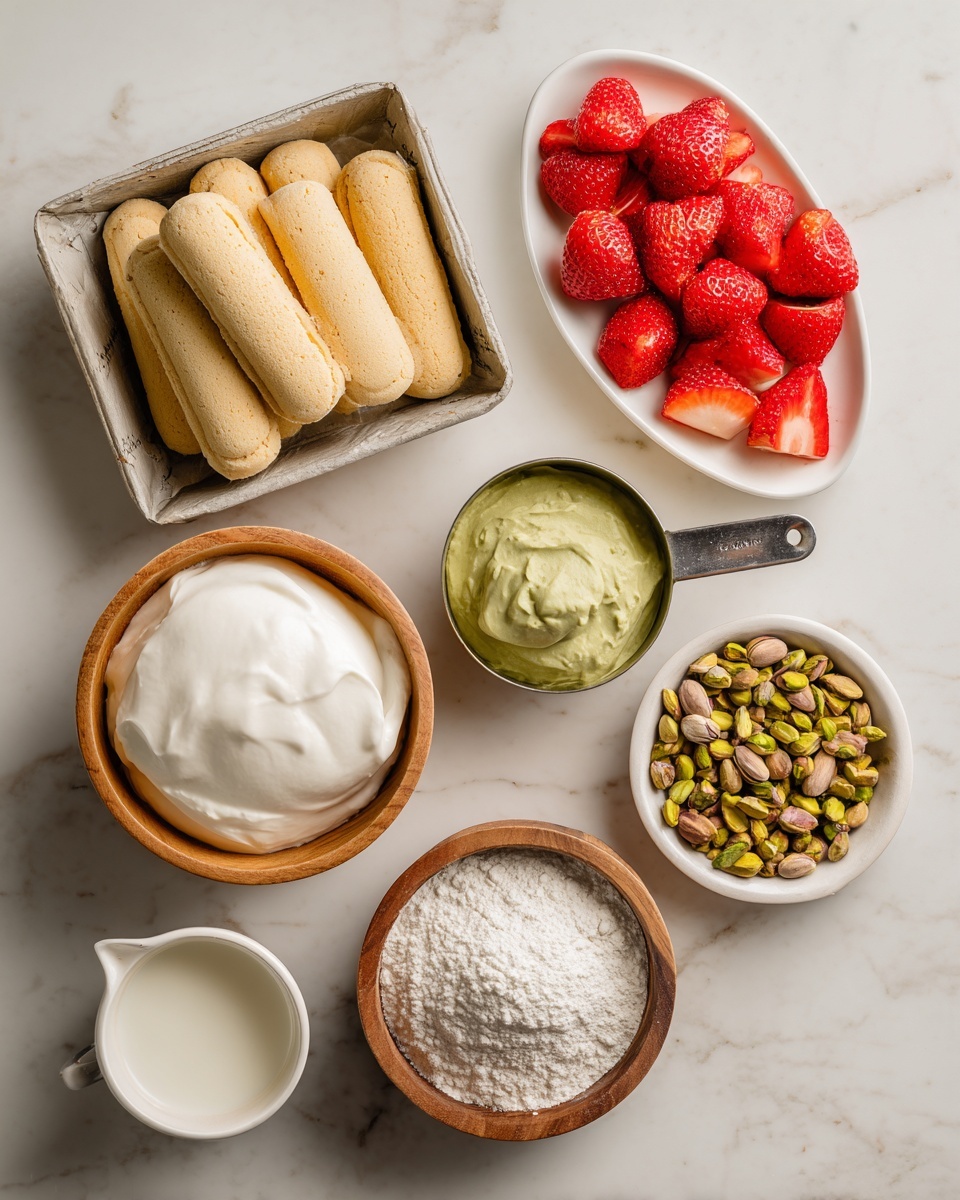 On a white marbled surface, an aluminum tray filled with light brown ladyfinger cookies is placed at the top left. Below it, a light wooden bowl holds a layer of soft white cream cheese. To the right, a metal measuring cup contains a smooth green paste, and next to it is a small white bowl filled with green pistachio nuts. At the top right, a white oval plate holds many bright red, sliced strawberries arranged in a loose pile. At the bottom center, a small white cup is filled with milk, and next to it, a similar wooden bowl contains a fine white powder, likely flour or powdered sugar. The overall arrangement is spaced out neatly on the white marbled background. photo taken with an iphone --ar 4:5 --v 7