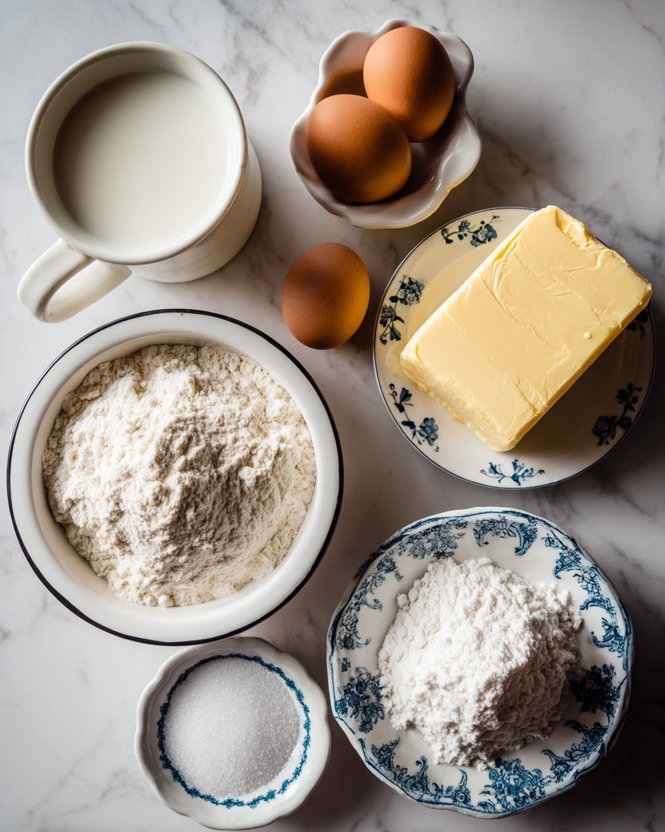 Top view of a collection of baking ingredients placed on a white marbled surface. On the left, there is a white ceramic mug filled with milk. Near it, a small white bowl holds three brown eggs. To the right, a white bowl with a black rim is filled about halfway with white flour. Above the flour, a square slab of pale yellow butter sits on a small white plate with blue decorative patterns. Nearby, a white bowl contains granulated white sugar. Everything is arranged neatly and the lighting brings out the textures of flour, sugar, and butter. Photo taken with an iphone --ar 4:5 --v 7