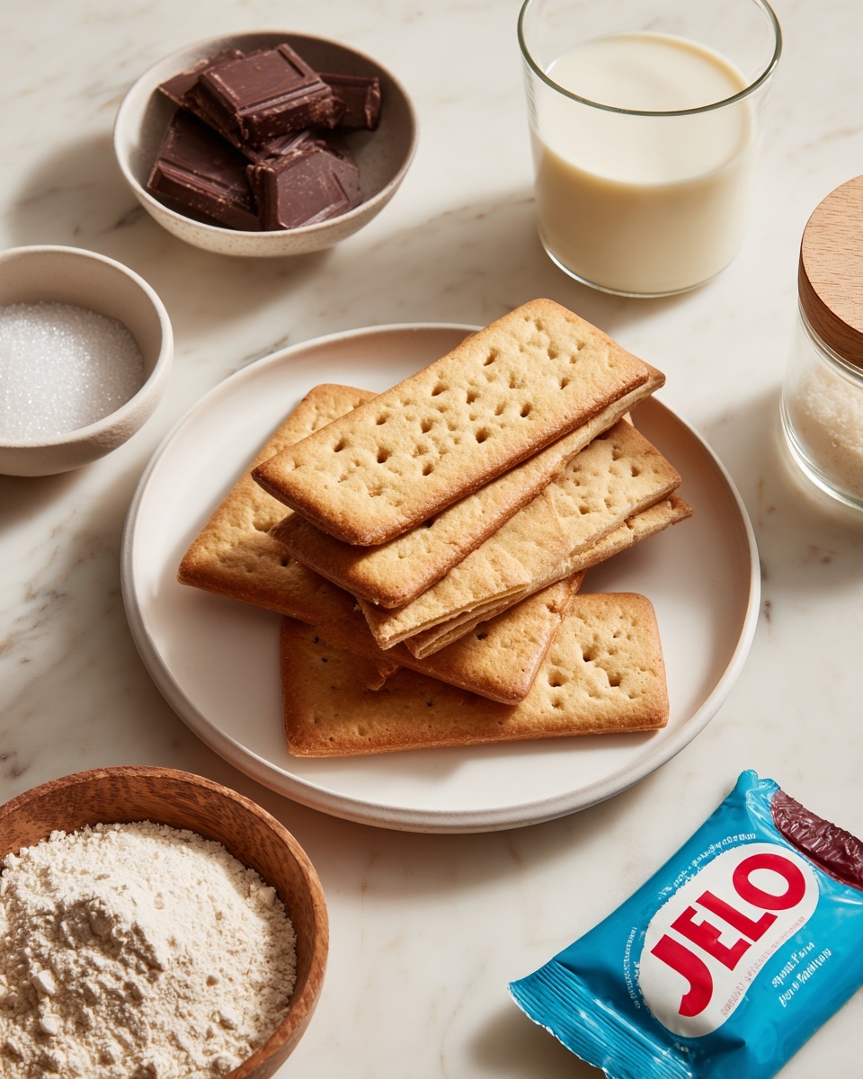 A white round plate holds several rectangular crackers that are light golden brown with some darker toasted spots and small evenly spaced holes, stacked slightly overlapping in the center. Around the plate on a white marbled surface are several small bowls and containers: a small bowl with broken pieces of dark chocolate, a small white bowl filled with white granulated sugar, a small wooden bowl with white powdery flour, a glass cup filled with a creamy white liquid, another clear container with a light brown wooden lid, and a small blue packet labeled
