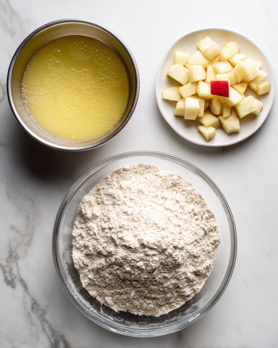 The image shows three separate containers placed on a white marbled surface. In the lower part, a large glass bowl contains a mound of white flour with specks of darker grain mixed in, giving it a textured look. On the left, there is a metal bowl filled with a yellowish liquid that has small bubbles on the surface, appearing smooth and shiny. On the right, there is a white plate filled with uneven small pieces of pale yellow apple with some light brown edges, and one small bright red apple peel visible among the pieces. The setup looks like ingredients being prepared for baking. Photo taken with an iphone --ar 4:5 --v 7