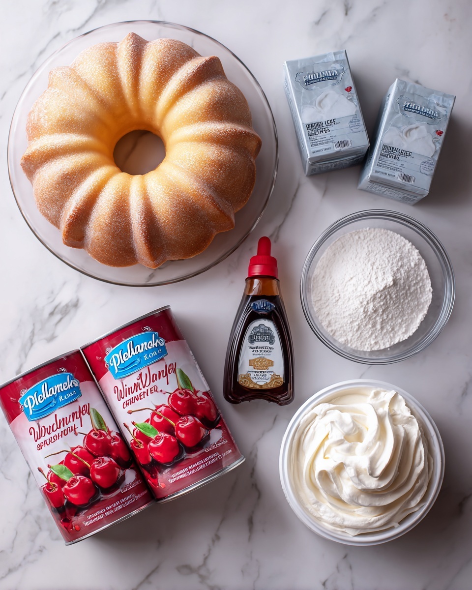 The image shows ingredients arranged on a white marbled surface for making a dessert with a bundt cake placed in the top left on a clear round plate, displaying a light golden brown outer layer and a creamy white inside layer in a ring shape. To the right of the cake, there are two gray boxes of Philadelphia original cream cheese stacked slightly. Below them is a small dark bottle of McCormick pure vanilla extract with a red cap. In the center is a clear round bowl filled with white powdered sugar. At the bottom left, there are two cans of Duncan Hines Wilderness original country cherry pie filling with red and white labels showing cherries dripping on a cheesecake picture. At the bottom right, a round white container of Cool Whip original whipped topping is seen with a blue label and a strawberry image. Photo taken with an iphone --ar 4:5 --v 7