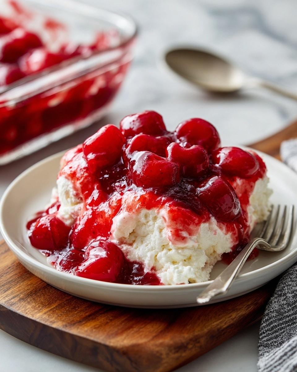 A white plate shows a bright red cherry dessert with thick cherry sauce and whole cherries mixed with light, crumbly white cake pieces layered together. The dessert sits on a wooden cutting board placed on a white marbled surface. Part of a baking dish filled with more of the same red cherry help is visible in the background, along with a silver spoon resting on a gray striped cloth. The colors are rich and the texture looks soft and moist. photo taken with an iphone --ar 4:5 --v 7