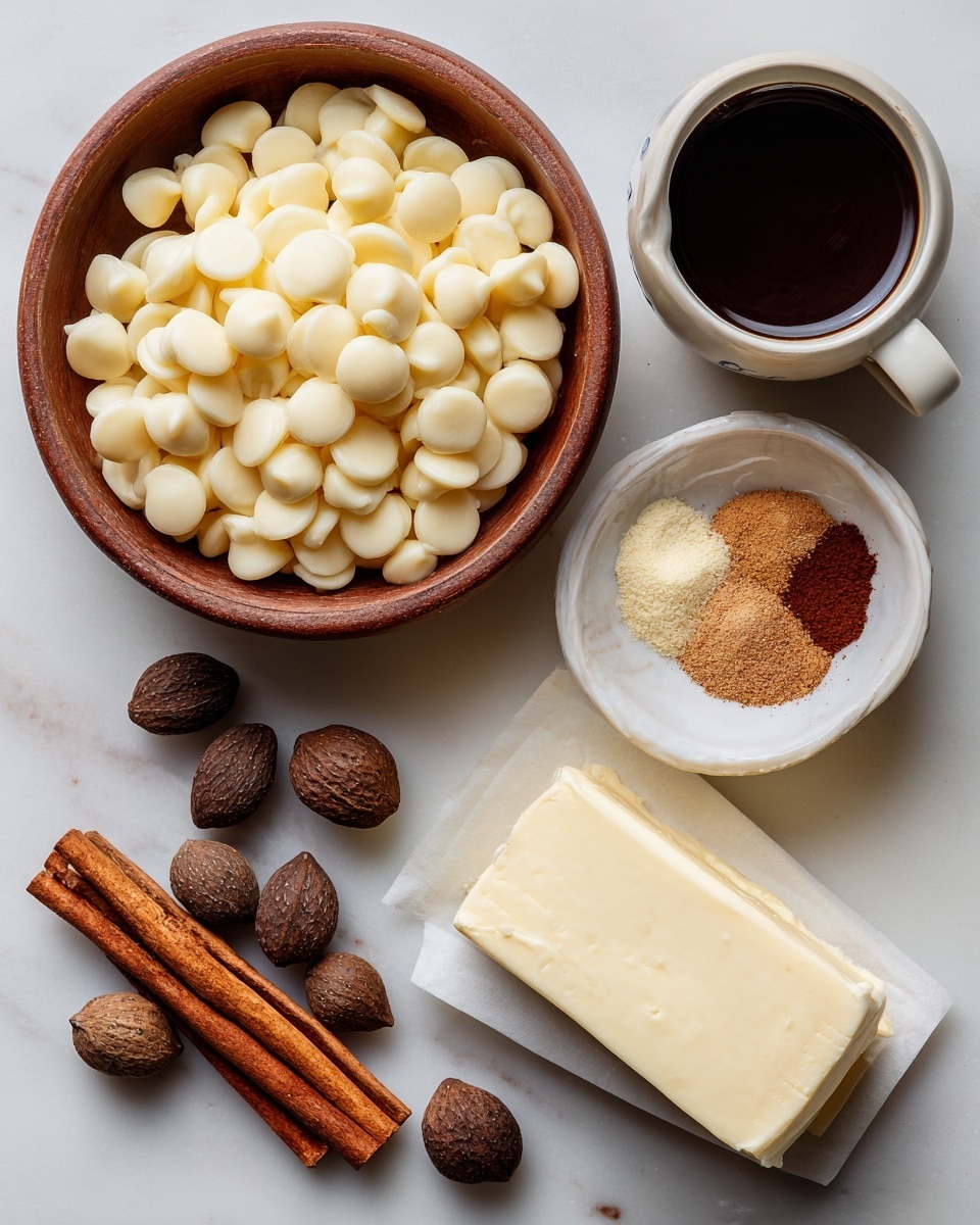 A white marbled surface holds several items: at the top left, a large brown bowl filled with smooth, creamy white white chocolate chips; to the right of it, a small white cup with a dark liquid inside, possibly coffee or syrup; below the bowl and cup, a can of sweetened condensed milk with a blue label placed slightly tilted; nearby, a small white dish with different brown powdered spices, showing fine and coarse textures mixed together; below this, a white bowl holds a block of cream cheese with a smooth, pale surface; scattered to the lower right of the image are two cinnamon sticks and several brown whole nutmeg seeds, adding a rustic touch. Photo taken with an iphone --ar 4:5 --v 7