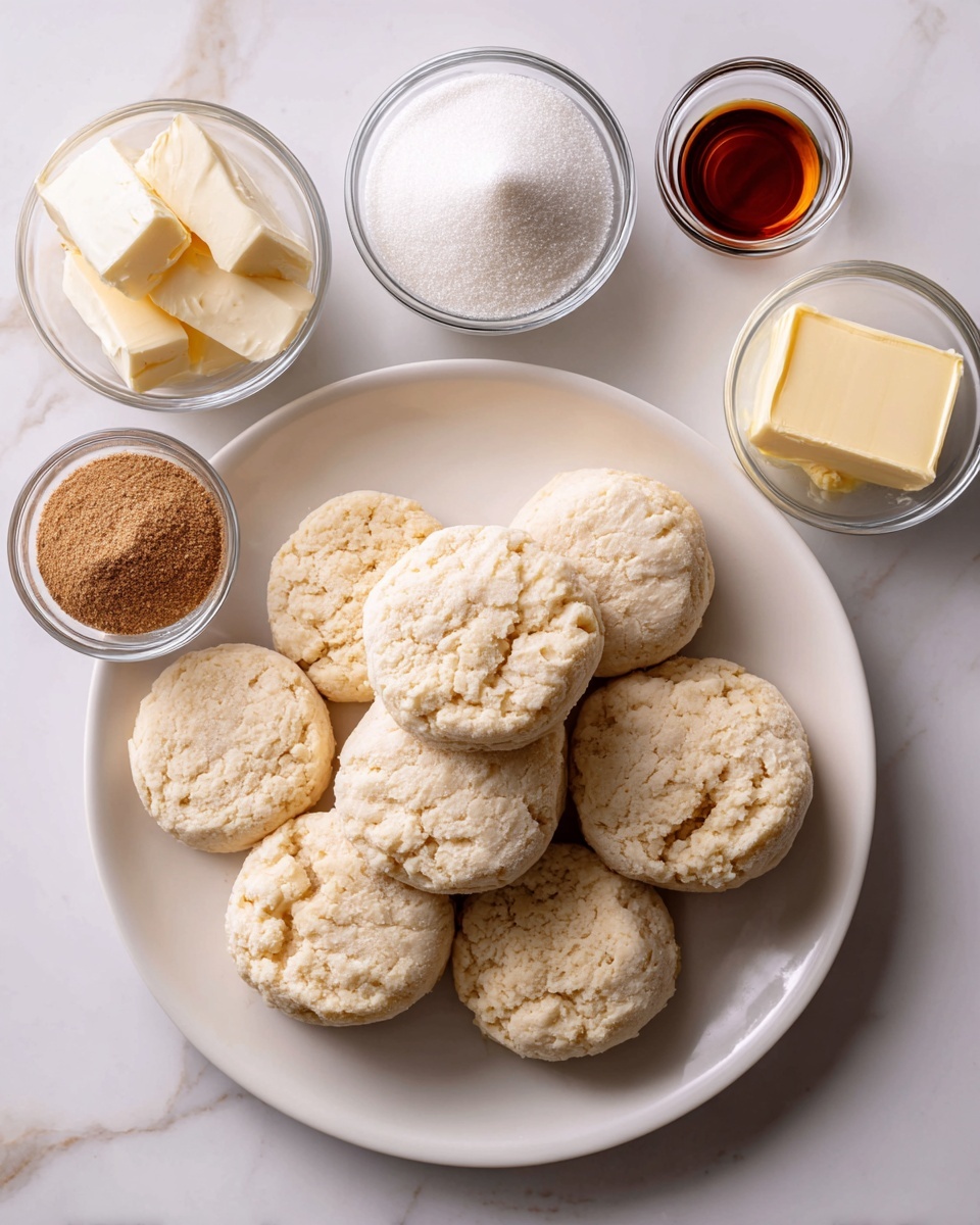 A round white plate in the center holds eight biscuit dough rounds, light beige in color with a soft, slightly textured surface. Around the plate, on a white marbled background, there are six small clear glass bowls arranged in a loose circle. Clockwise from top: a bowl of fine white sugar, a bowl with three thick slices of pale yellow butter, a bowl with white cream, a bowl with a square block of light yellow butter, a bowl with brown sugar showing a coarse texture, and a bowl with a dark brown liquid, likely vanilla extract. There is also a small glass bowl with light brown cinnamon powder near the top left side of the plate. Photo taken with an iphone --ar 4:5 --v 7
