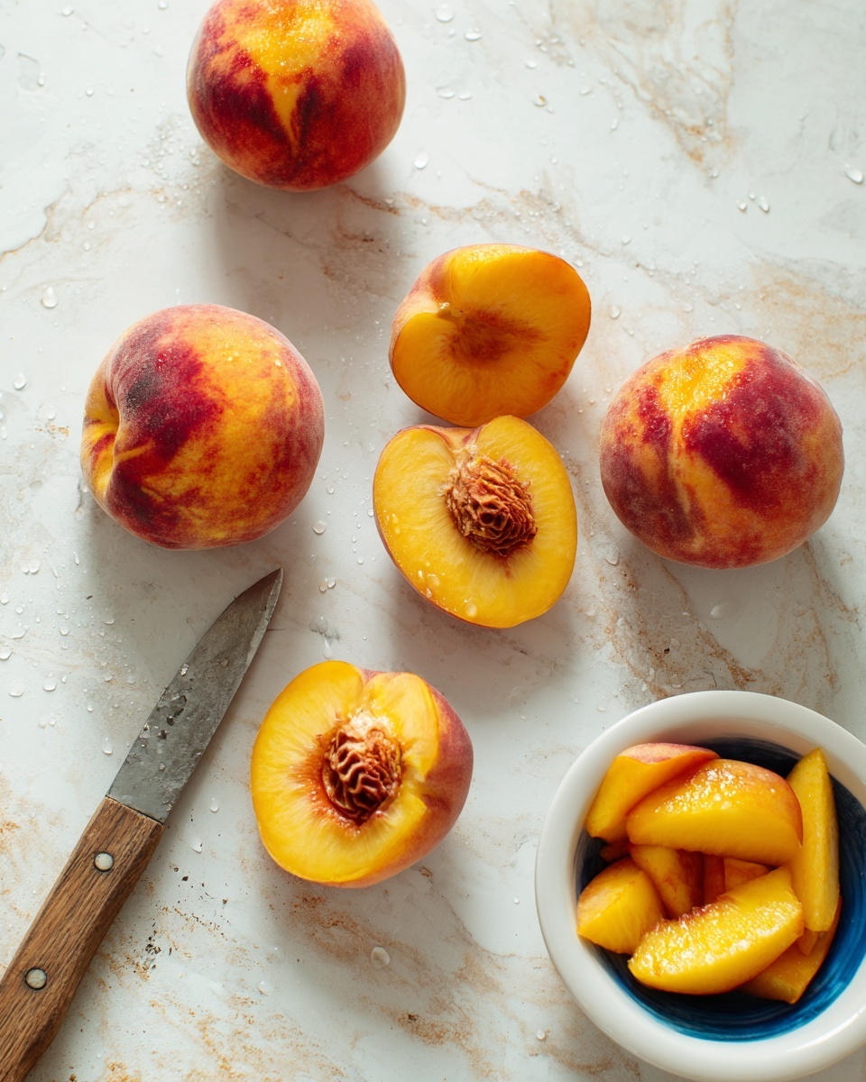 The image shows six round flat peaches with yellow, red, and pink skin placed on a white marbled surface, some whole and some cut open showing soft light orange flesh and brown pits inside. A white bowl with a blue inner surface is partly visible on the bottom right, filled with sliced peach pieces. A knife with a wooden handle lies diagonally on the left side near the lower peach slices. Drops of water are scattered on the surface and fruits, giving a fresh look. Photo taken with an iphone --ar 4:5 --v 7