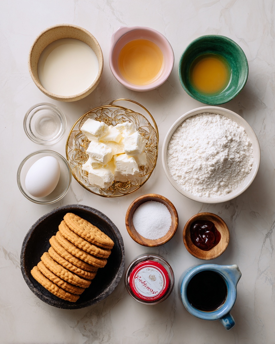The image shows a top view of various baking ingredients neatly placed on a white marbled surface. Starting from the top left corner, there is a beige ceramic bowl with a small amount of cream-colored liquid. To the right, a pink bowl holds a golden liquid, and a green bowl filled with white powdered sugar sits next to it. Below these, a white egg is placed near a golden glass plate with white cream cheese chunks. A black bowl overflowing with white flour is positioned near the center bottom right. Several stacked golden brown Lotus biscuits are on the left side, adjacent to a small wooden bowl with white baking soda and another with salt. Near the bottom middle, a jar of red-lidded Biscoff spread is displayed alongside a white bowl full of granulated white sugar and a blue cup containing a dark liquid, probably vanilla extract. The whole setup is clean and arranged symmetrically with a bright natural light highlighting the ingredients photo taken with an iphone --ar 4:5 --v 7