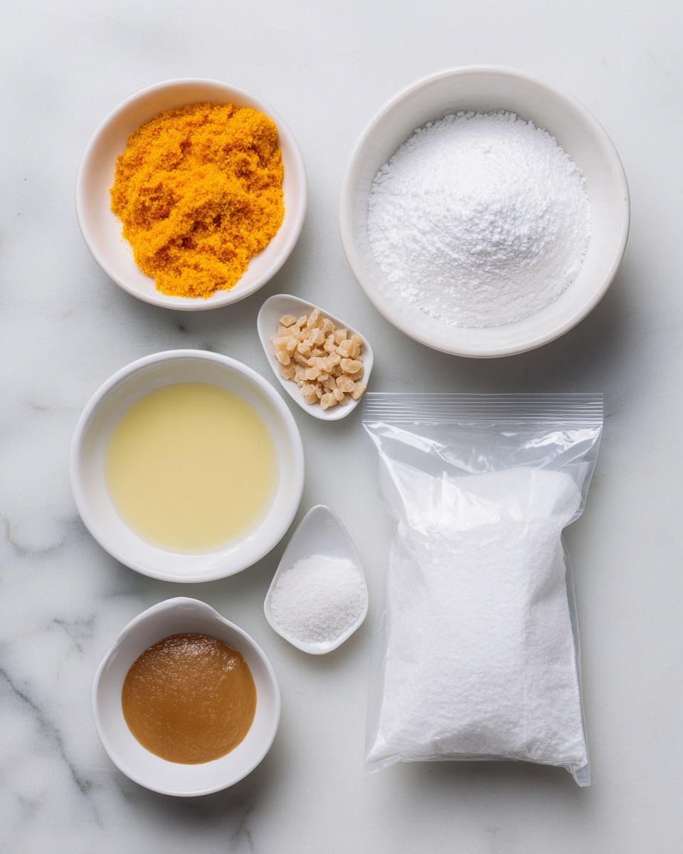 The image shows several small white bowls and a plastic bag placed on a white marbled texture surface. There is a large white bowl filled with a fluffy white substance on the top right. Next to it is a plastic bag filled with white powder. Below, there are four smaller white bowls arranged in a curved line: the first contains a smooth pale yellow liquid, the second holds bright orange mashed substance, the third is filled with a glossy brown liquid, and the fourth bowl has small beige chopped pieces. The bowls and bag are spaced evenly, and the overall scene is bright and clean. photo taken with an iphone --ar 4:5 --v 7