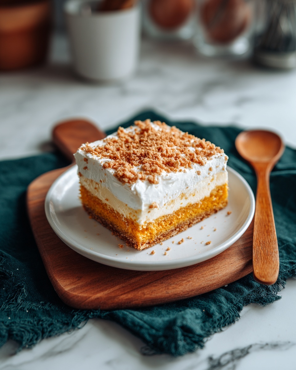 A single square piece of yellow-orange cake sits on a white plate with a slightly raised rim, placed on a wooden board over a blue cloth. The cake has three layers: the bottom layer is a moist, dense yellow-orange cake, the middle layer is a thin white cream, and the top layer is covered with a thick sprinkling of small golden crunchy bits. In the foreground, there is a small white dish filled with more of the golden crunchy bits, and a wooden spoon lies next to the blue cloth. The background displays a white marbled texture and some blurred white kitchen objects. photo taken with an iphone --ar 4:5 --v 7
